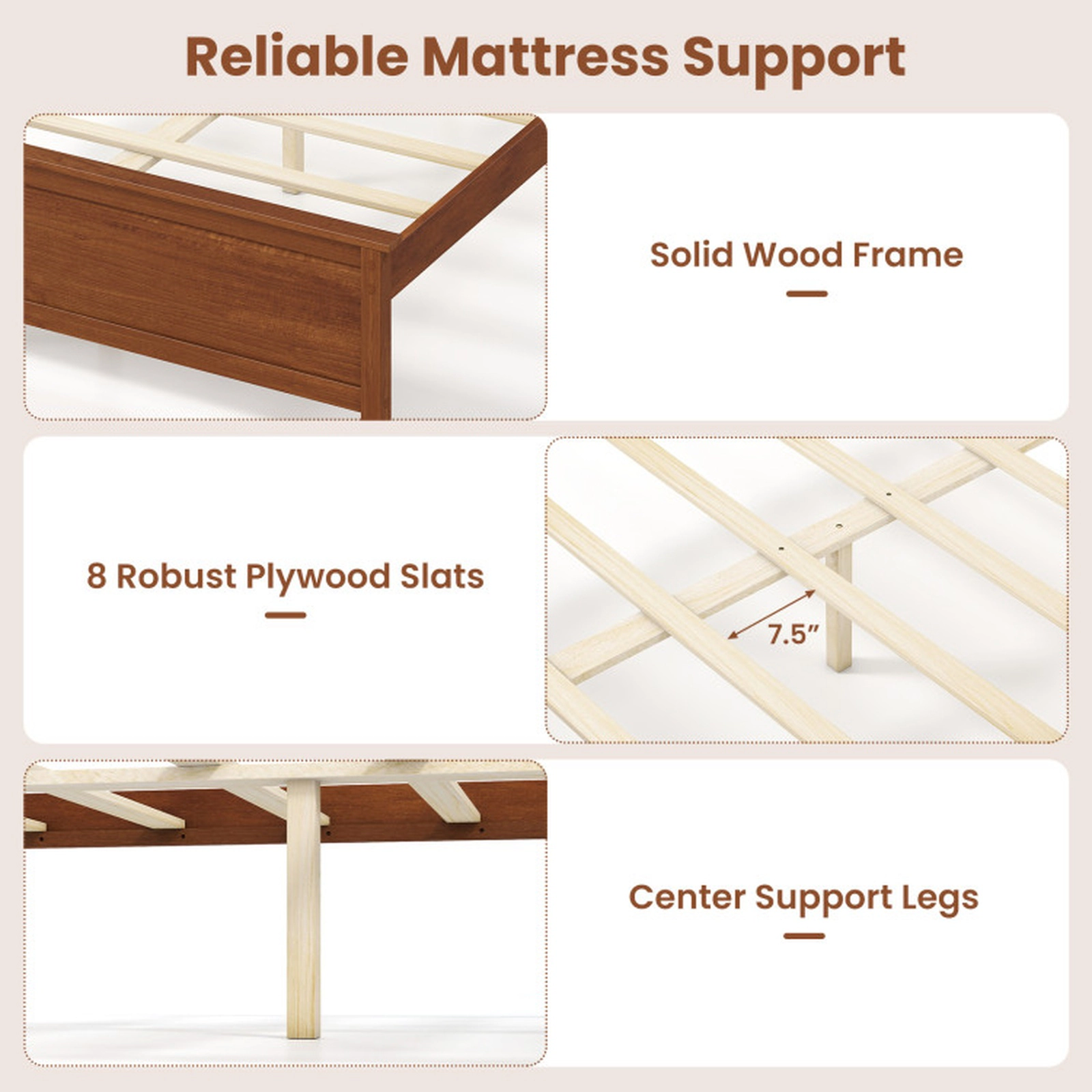 SUGIFT Walnut Arched Panel Headboard Solid Wood Platform Bed Frame