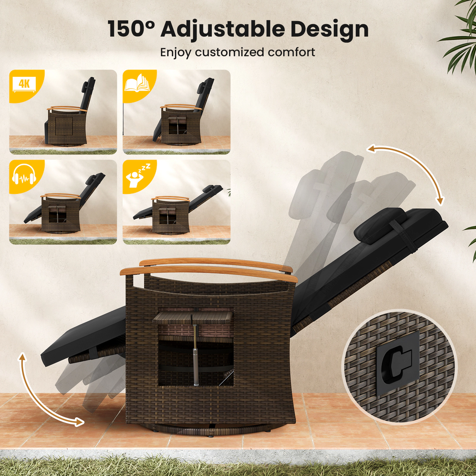 SUGIFT Patio Rattan 360° Swivel Recliner Chair with 150° Adjustable Backrest and Footrest 400-lb Capacity Black