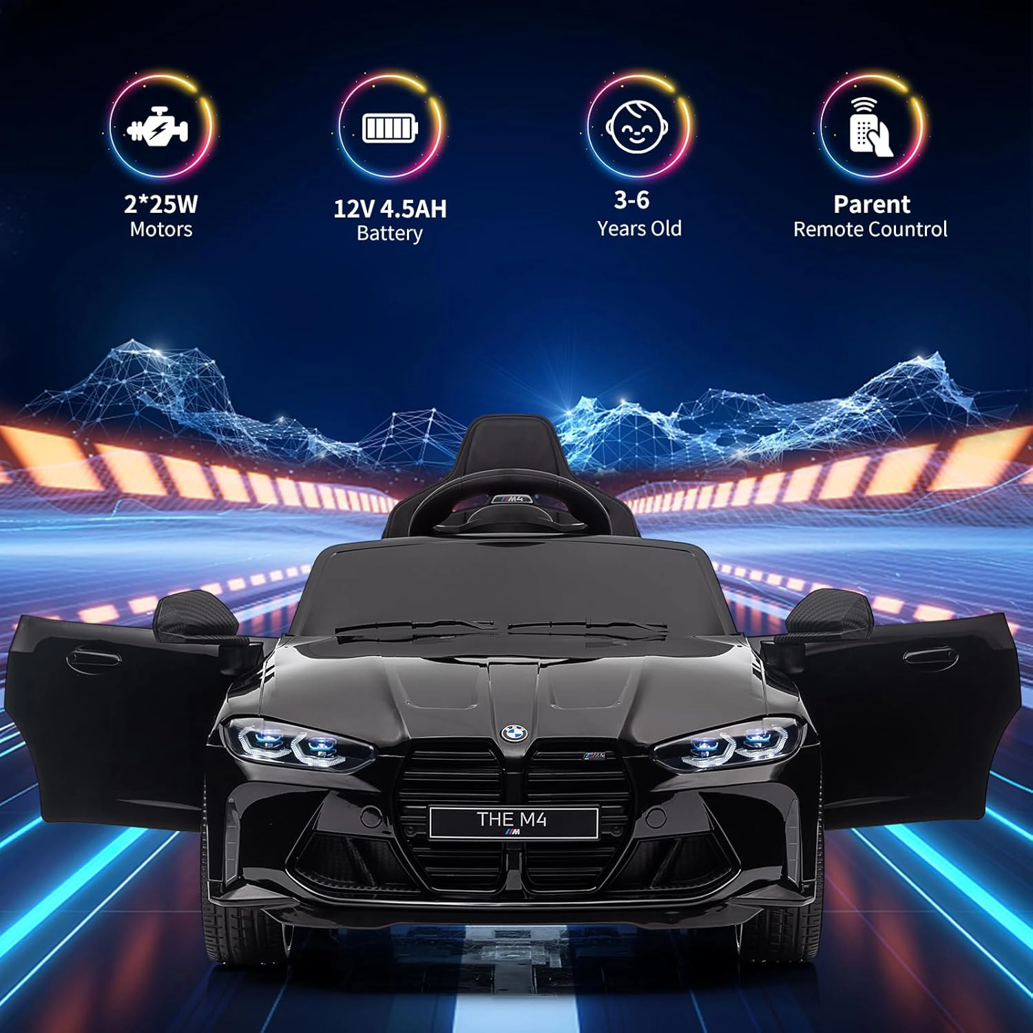 12V Licensed BMW M4 Kids Ride On Car, Electric Vehicle w/Remote Control, 3 Speeds, Bluetooth, MP3, LED Lights