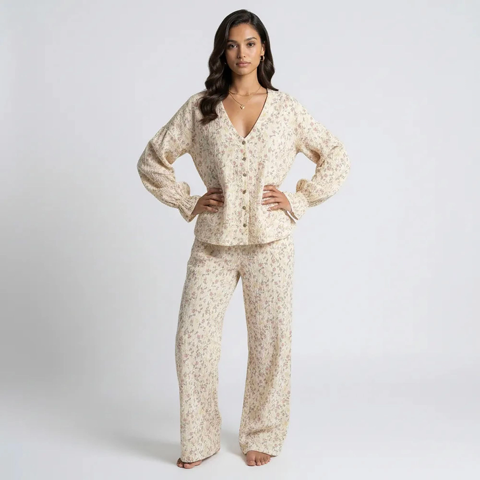 Anna-Kaci Women's Floral Print Woven Pajama Set with V-Neck Button Down Top and Wide Leg Elastic Waist Pants