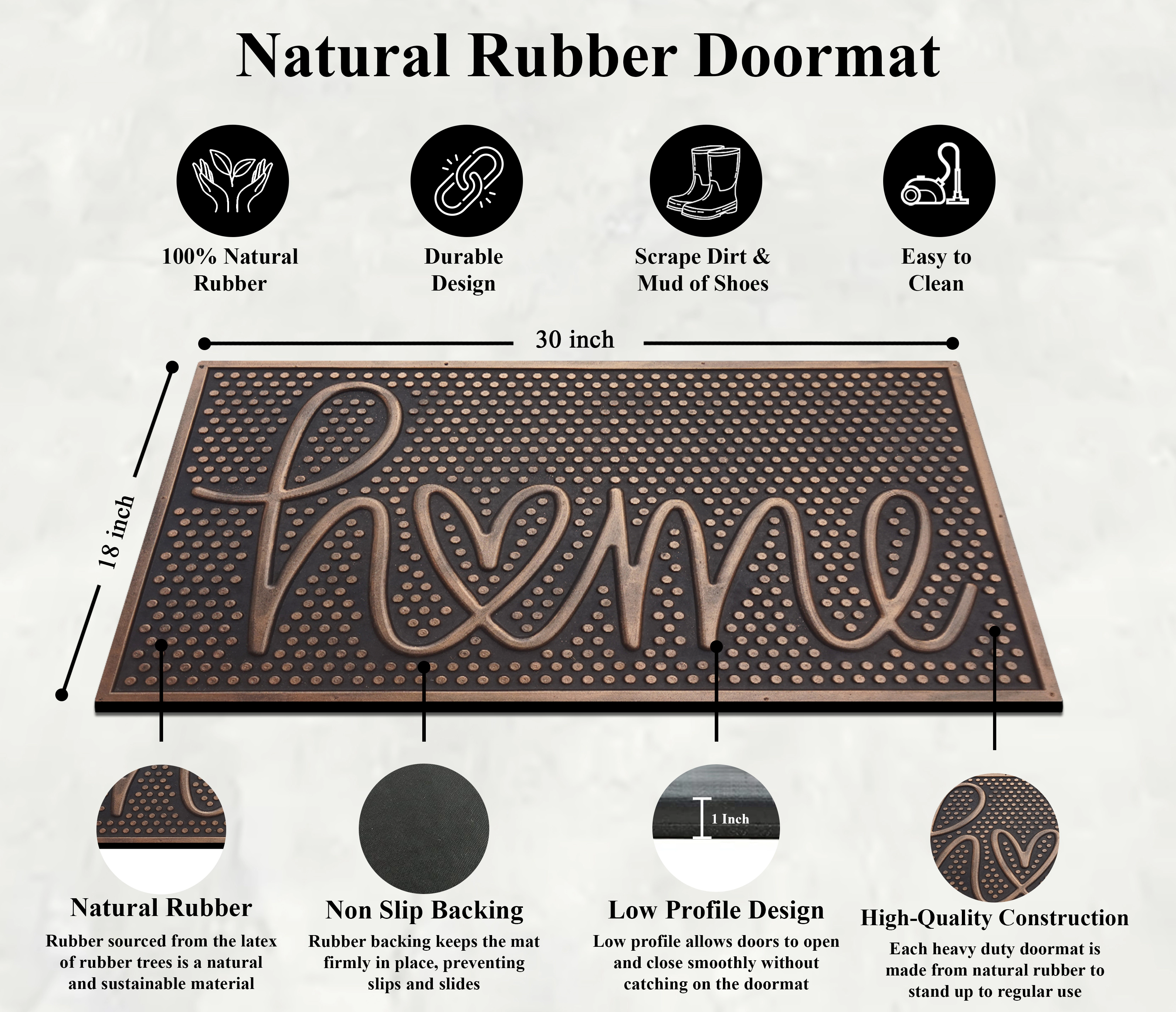 A1 Home Collections Home Printed Bronze Rubber Welcome Doormat Non-Slip Indoor Outdoor Entry Mat 18 x 30 In