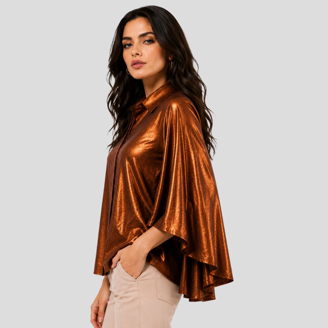 Artyska Women’s Metallic Jacquard Cape-Sleeve Button-Front Blouse