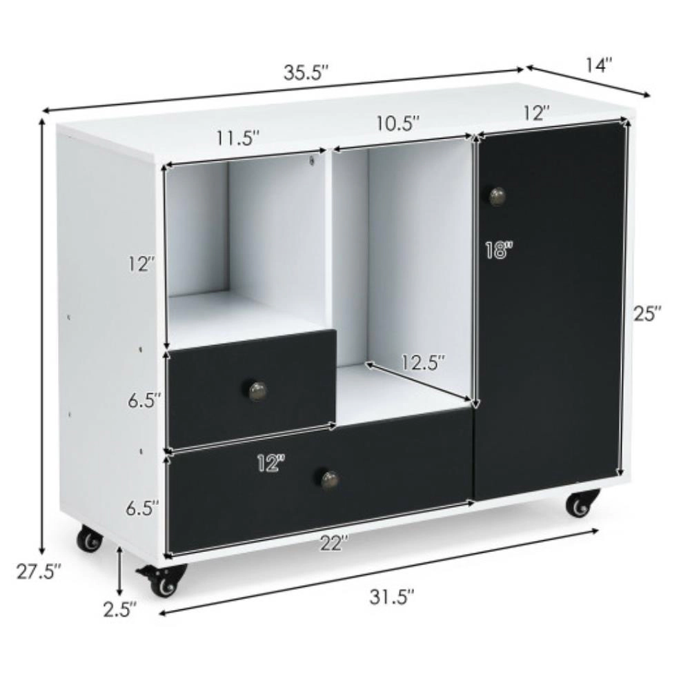 Hivvago Lateral Mobile Filing Cabinet with 2 Drawers-Black