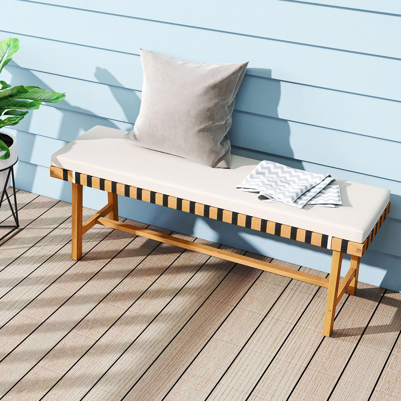SUGIFT Acacia Wood Outdoor Bench with Woven Rope Seat and Thick Padded Cushion 800-lb Capacity Natural+Off White