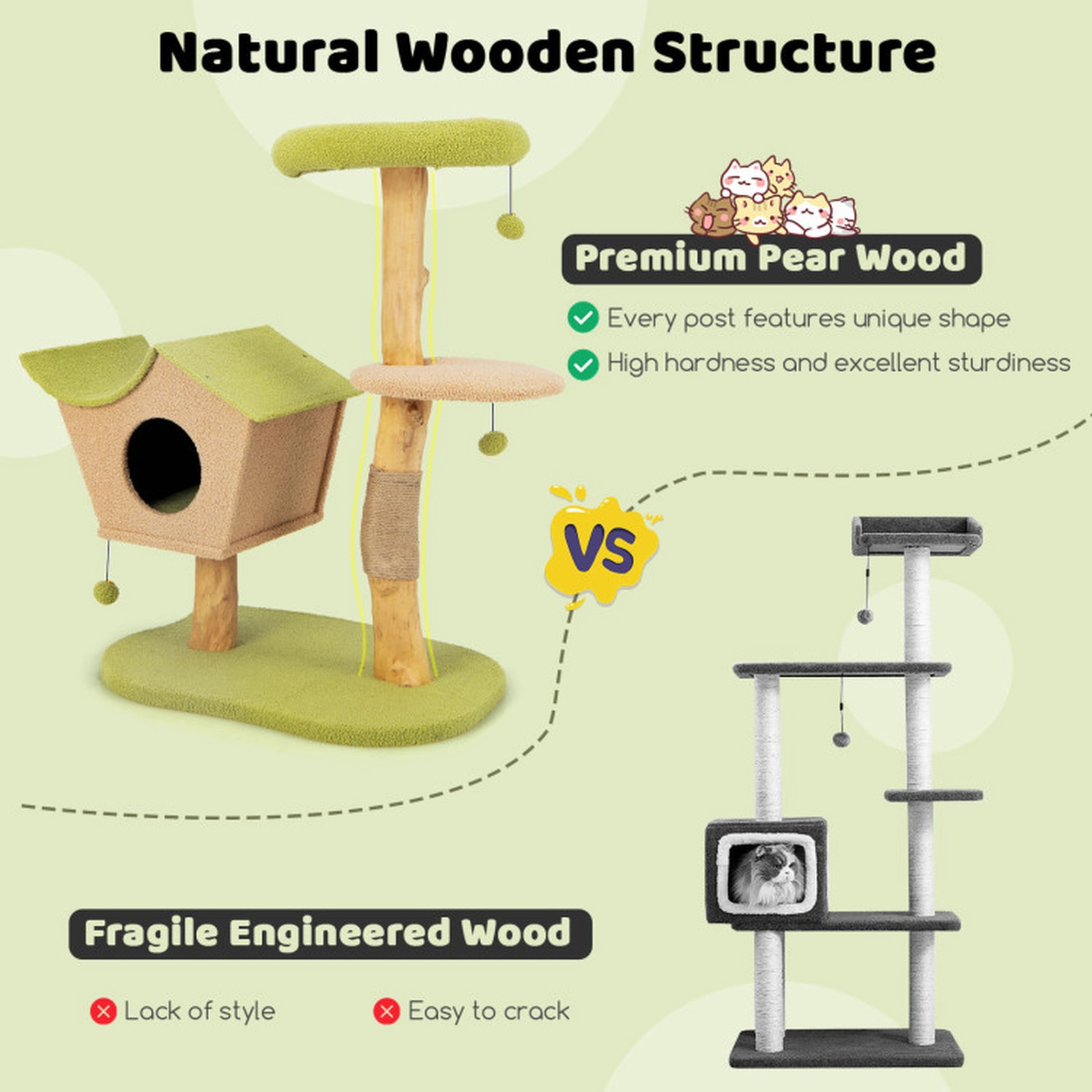 SUGIFT 43-in Wooden Cat Tree with Vented 2-Entry Condo Padded 17-in Top Perch Jute Posts and Bell Toys