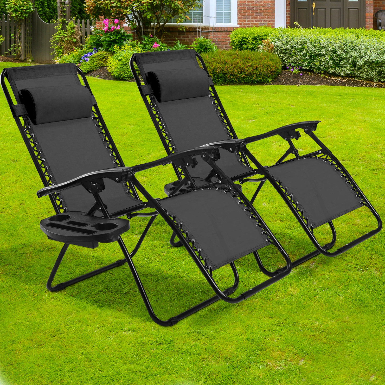 SUGIFT Set of 2 Zero Gravity Lounge Chairs Black Folding Recliners with Trays and Headrests