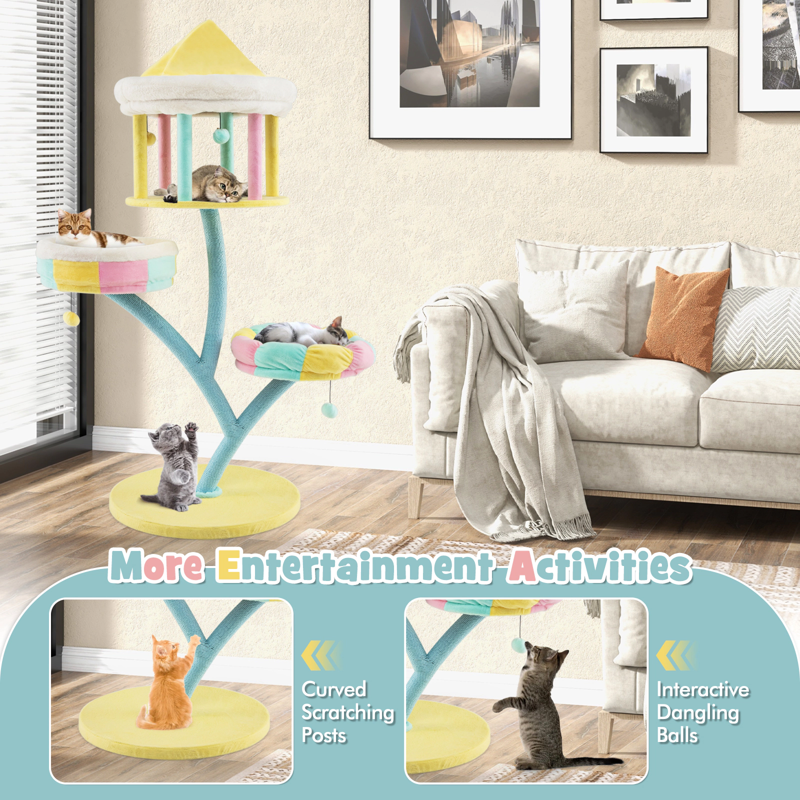 SUGIFT Multi-Layer Cat Tree with 2 Removable Perches Faux Rabbit Fur and Scratching Posts