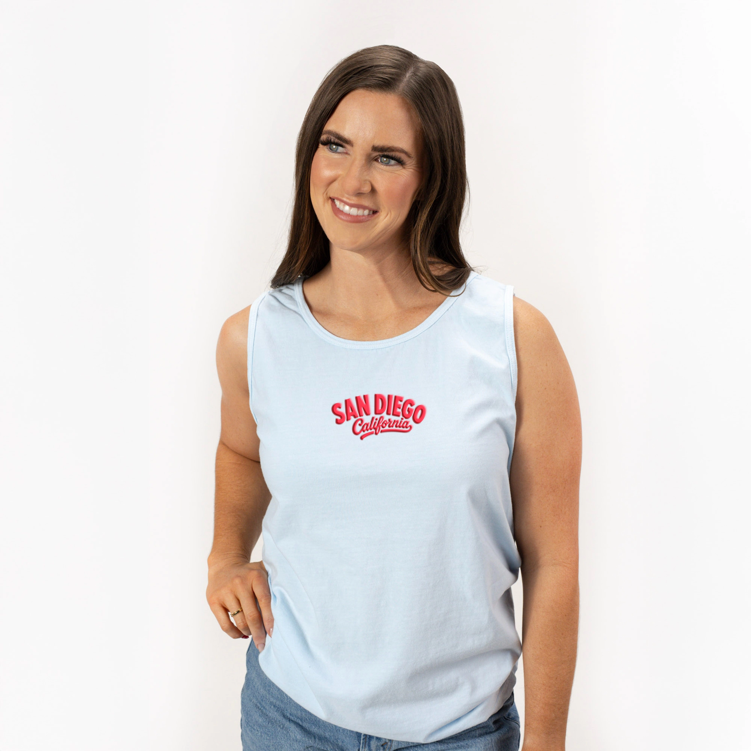 Simply Sage Market - Women's Garment Dyed Graphic Tank Top San Diego Vibrant Puff Print