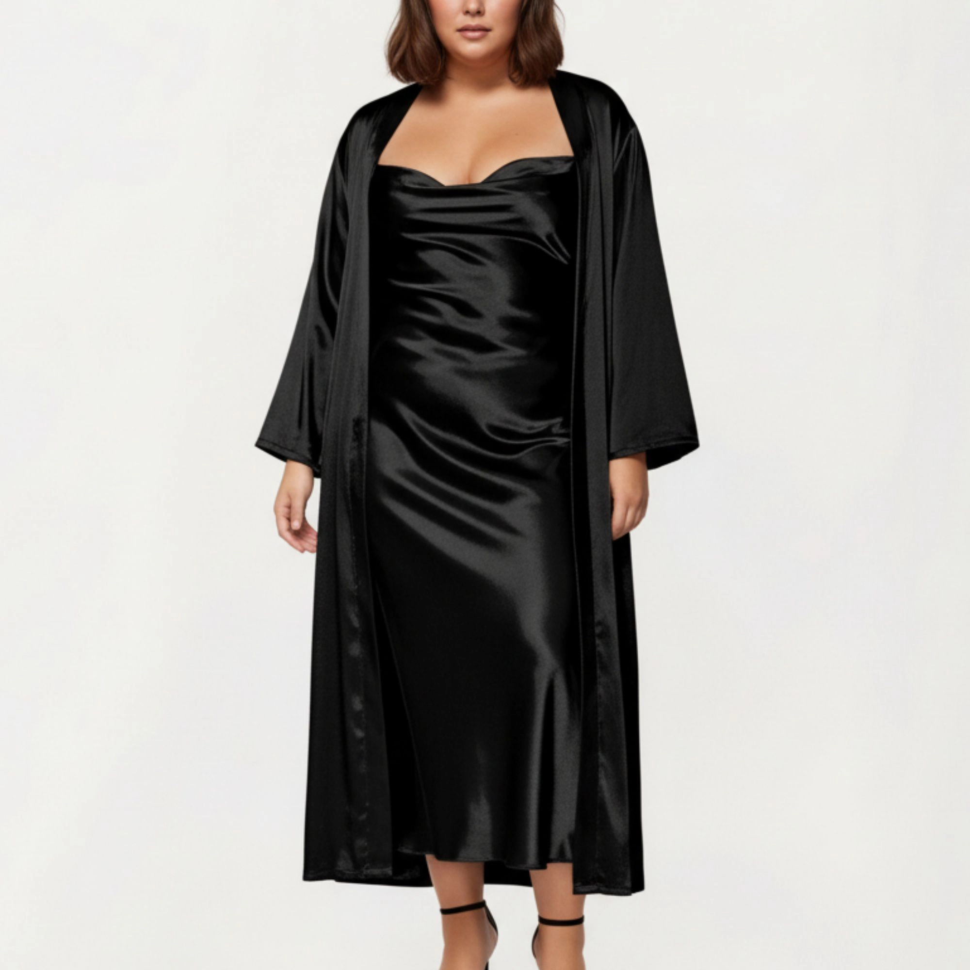 Anna-Kaci Women's Plus Satin Robe and Slip Set with Smooth Draping Fabric Elegant Silhouette