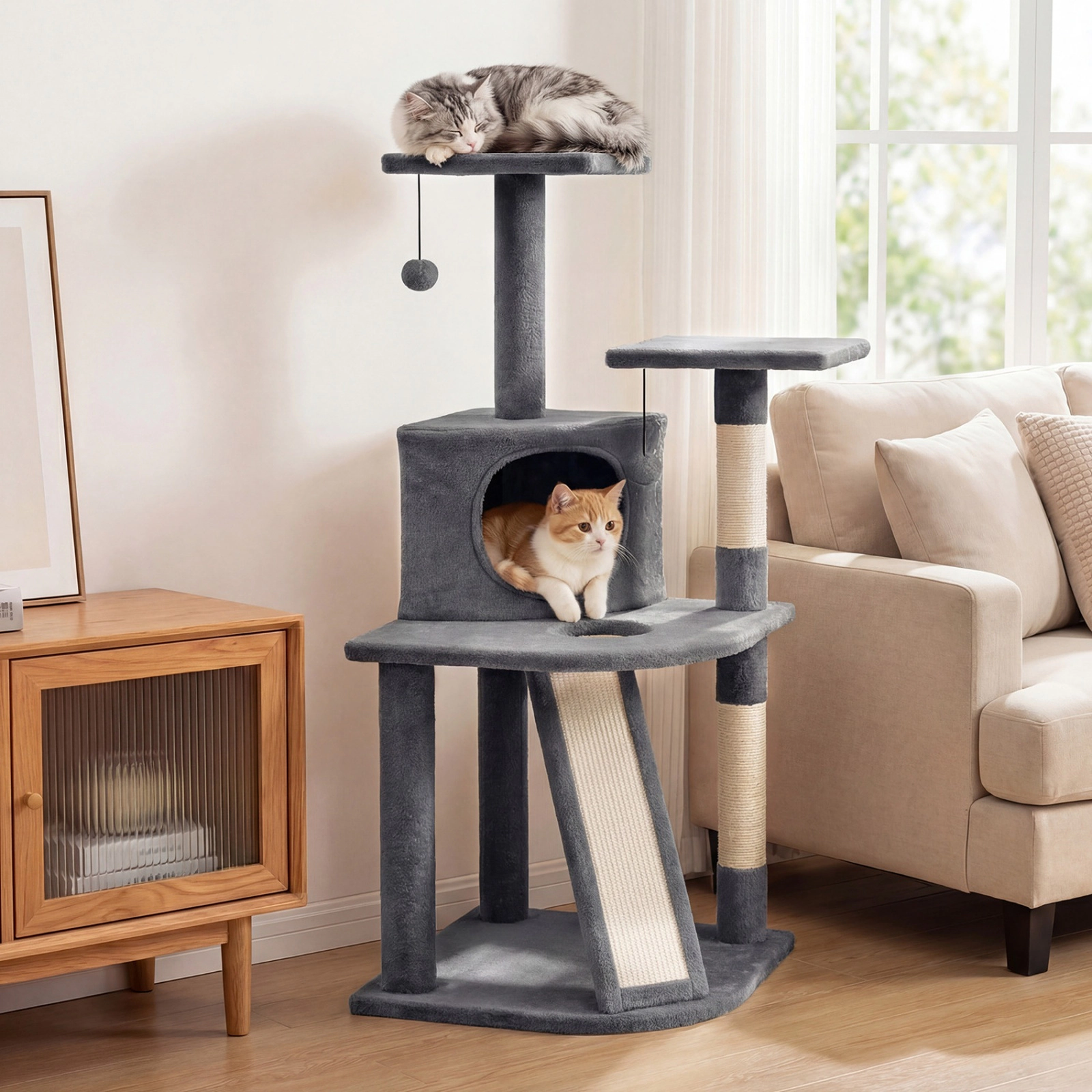 SUGIFT 44-in Dark Gray Kitten Cat Tree with Enclosed Condo Twin Plush Beds and Sisal Scratching Posts