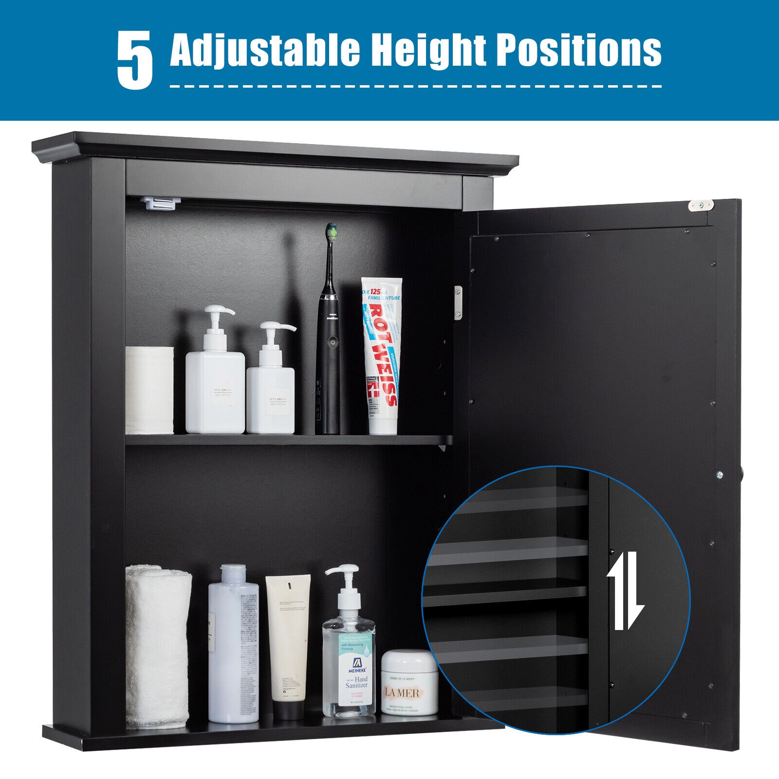 SUGIFT Wall Mounted Bathroom Mirror Cabinet with 5-Level Height-Adjustable Shelf 11-lb Cabinet Capacity Black