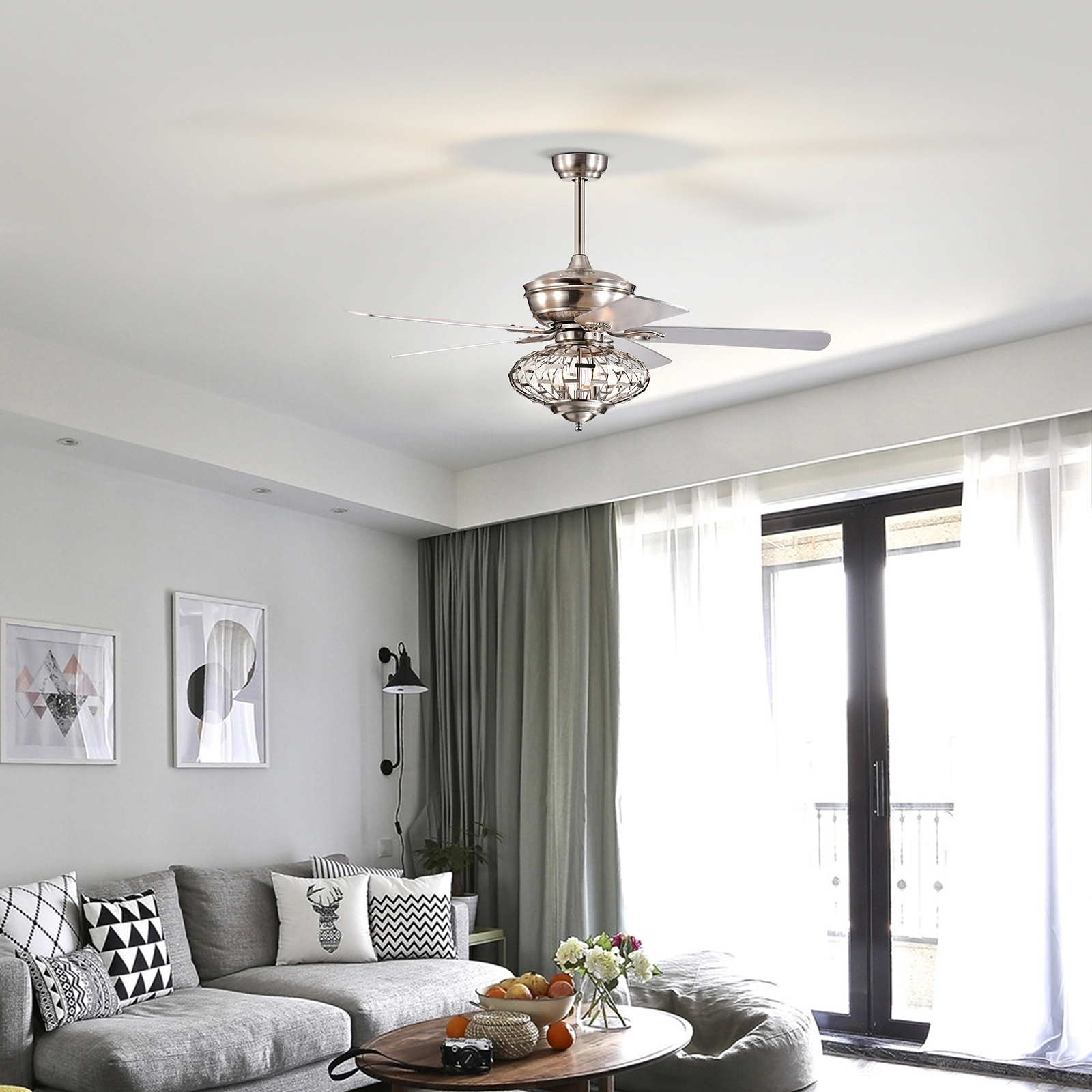 SUGIFT Silver Ceiling Fan with 5 Wooden Blades and Remote Control 52-in Dia 3 Wind Speeds 8H Timer