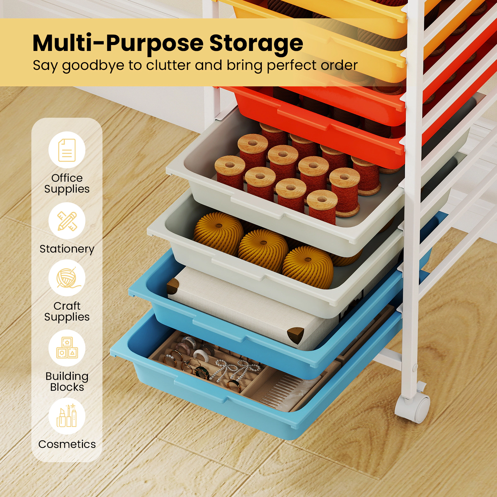 SUGIFT 33-in 10-Drawer Rolling Storage Cart with Wood Top Mobile Utility Organizer and Lockable Wheels