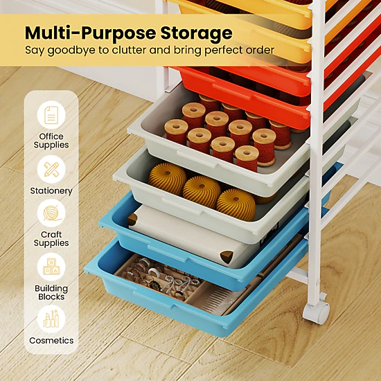SUGIFT 33-in 10-Drawer Rolling Storage Cart with Wood Top Mobile Utility Organizer and Lockable Wheels