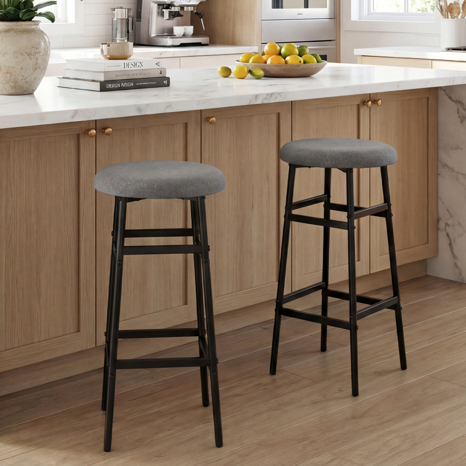 Glintex 2-Piece 29-Inch Round Backless Bar Stool Set with Metal Frame