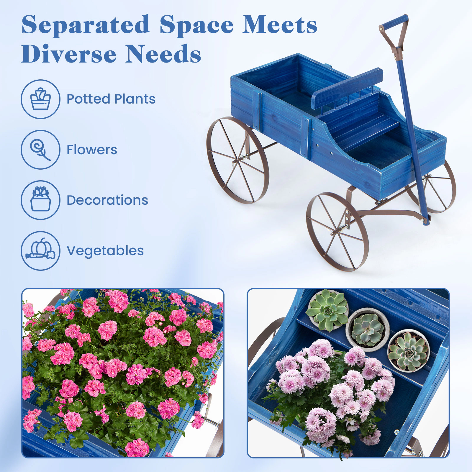 Hivvago Wooden Wagon Plant Bed With Wheel for Garden Yard