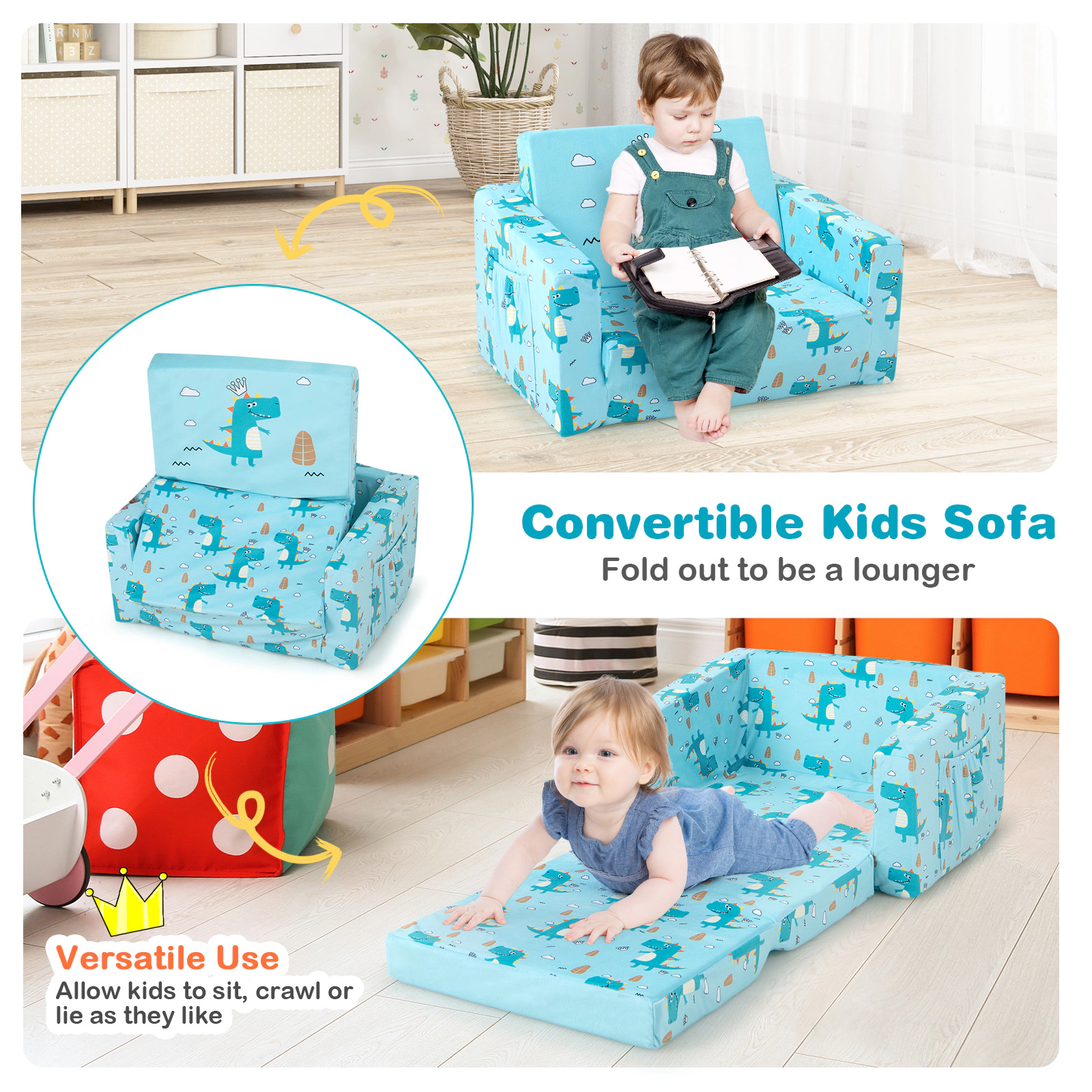 SUGIFT Blue Dinosaur Velvet Convertible Toddler Couch Sleeper, 110 lb Capacity