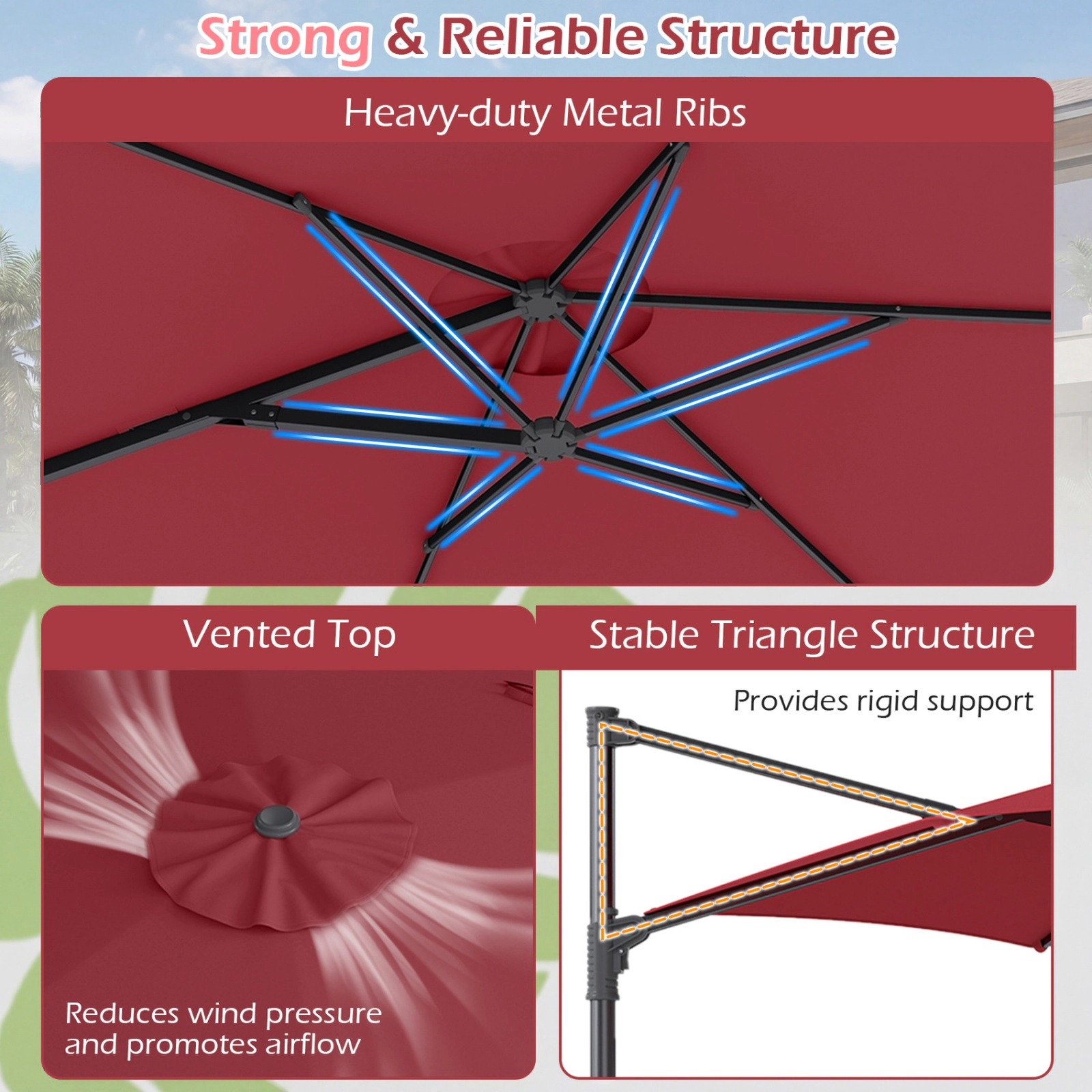 SUGIFT 10-ft 360° Rotating Cantilever Patio Umbrella with Vented Polyester Canopy and Cross Base Wine
