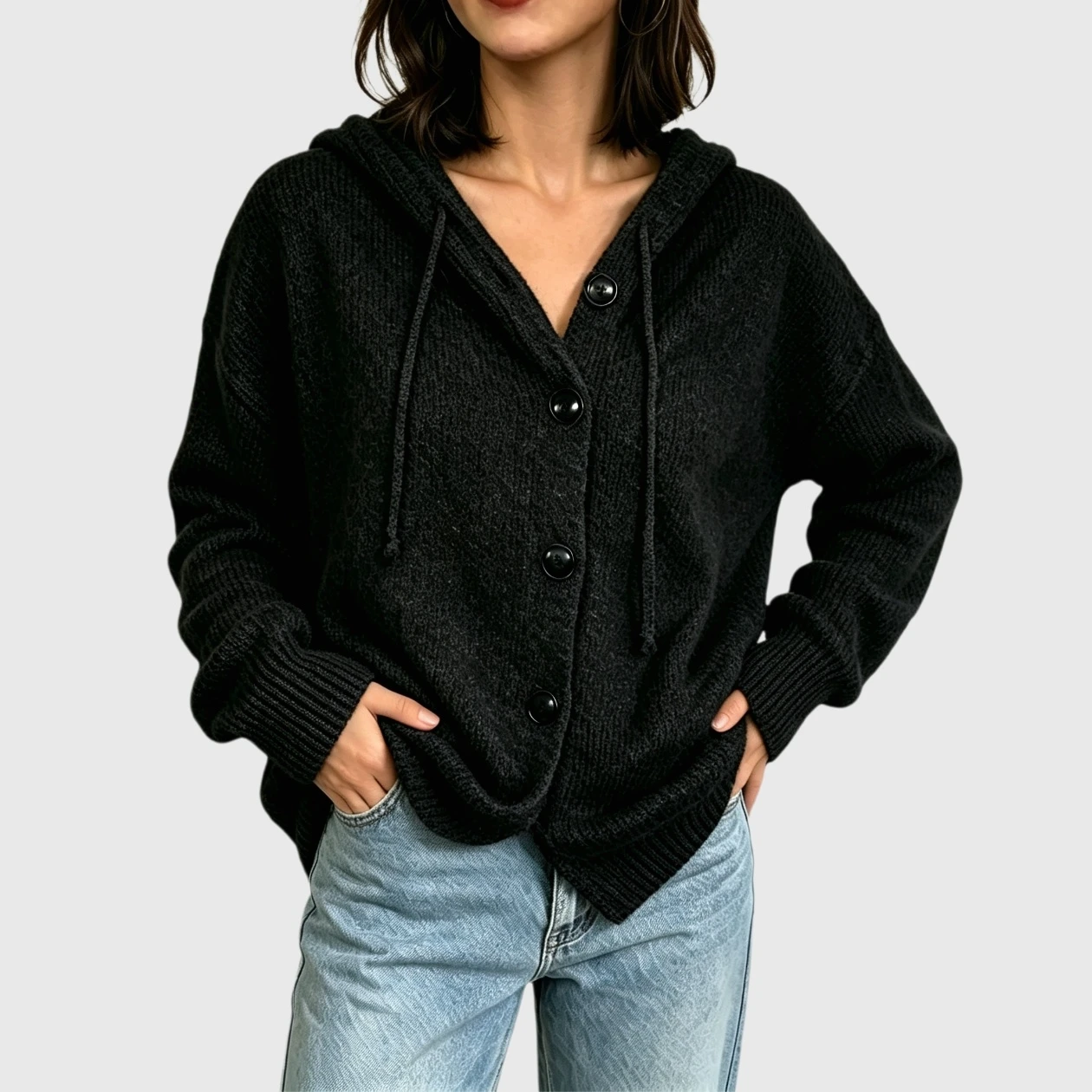 YesFashion Women's Hooded Cardigan Sweaters Casual V Neck Button Down Long Sleeve Kint Coat Outfits