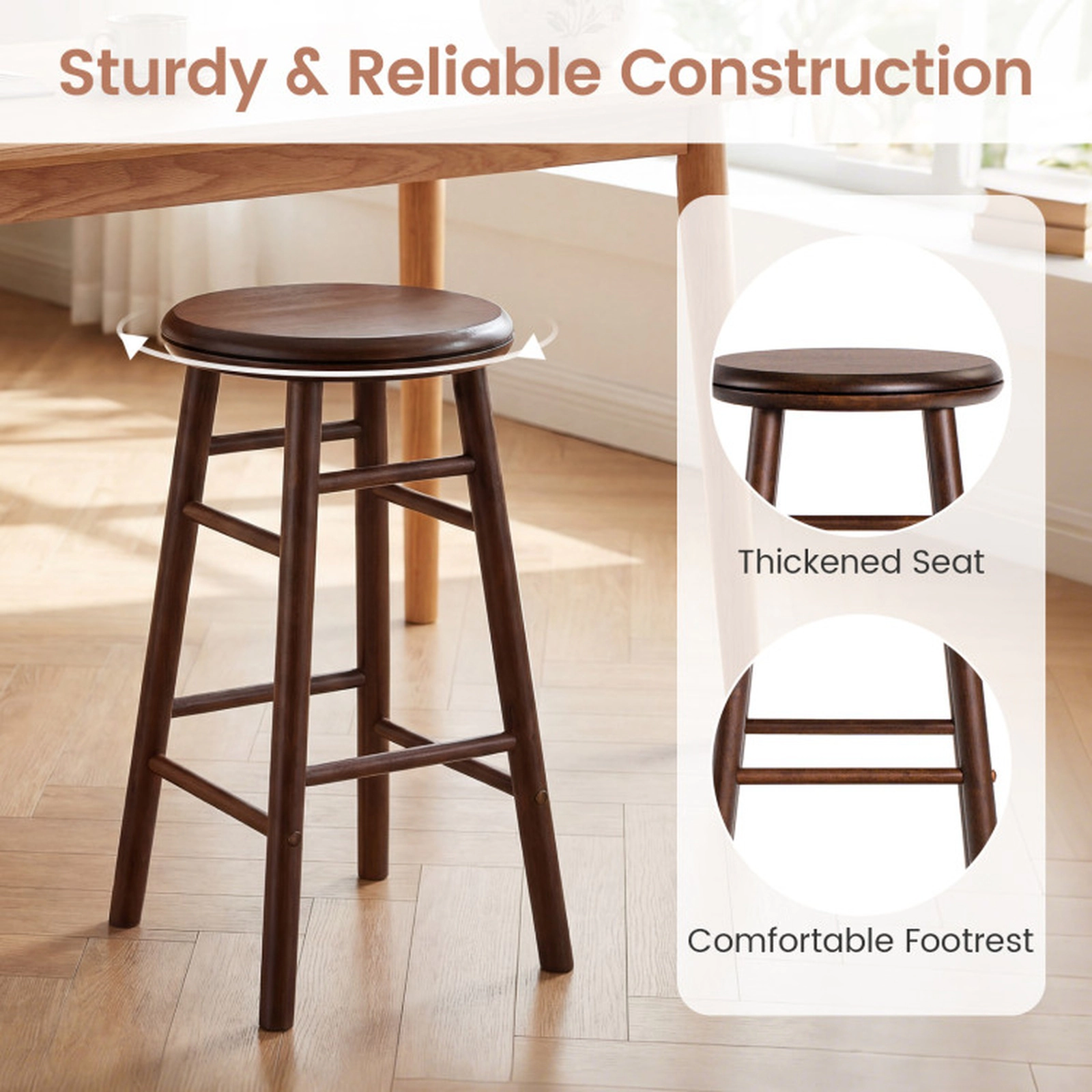 SUGIFT 24-in Rubber Wood Swivel Bar Stools Set of 2 with Footrests and Crossbars 330-lb Capacity Natural Gray Walnut