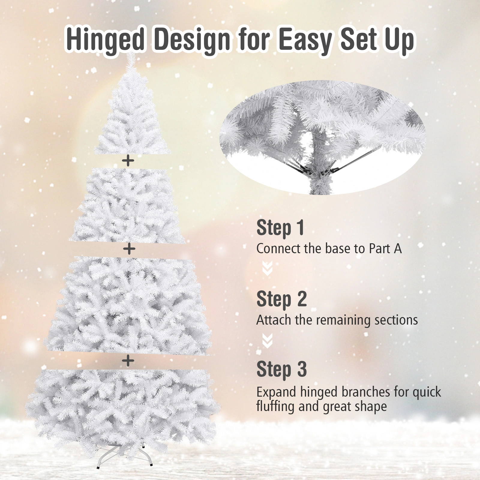 SUGIFT 9-ft Unlit Hinged Artificial Christmas Tree with 2132 PVC Branch Tips and Metal Stand 5-ft Dia White