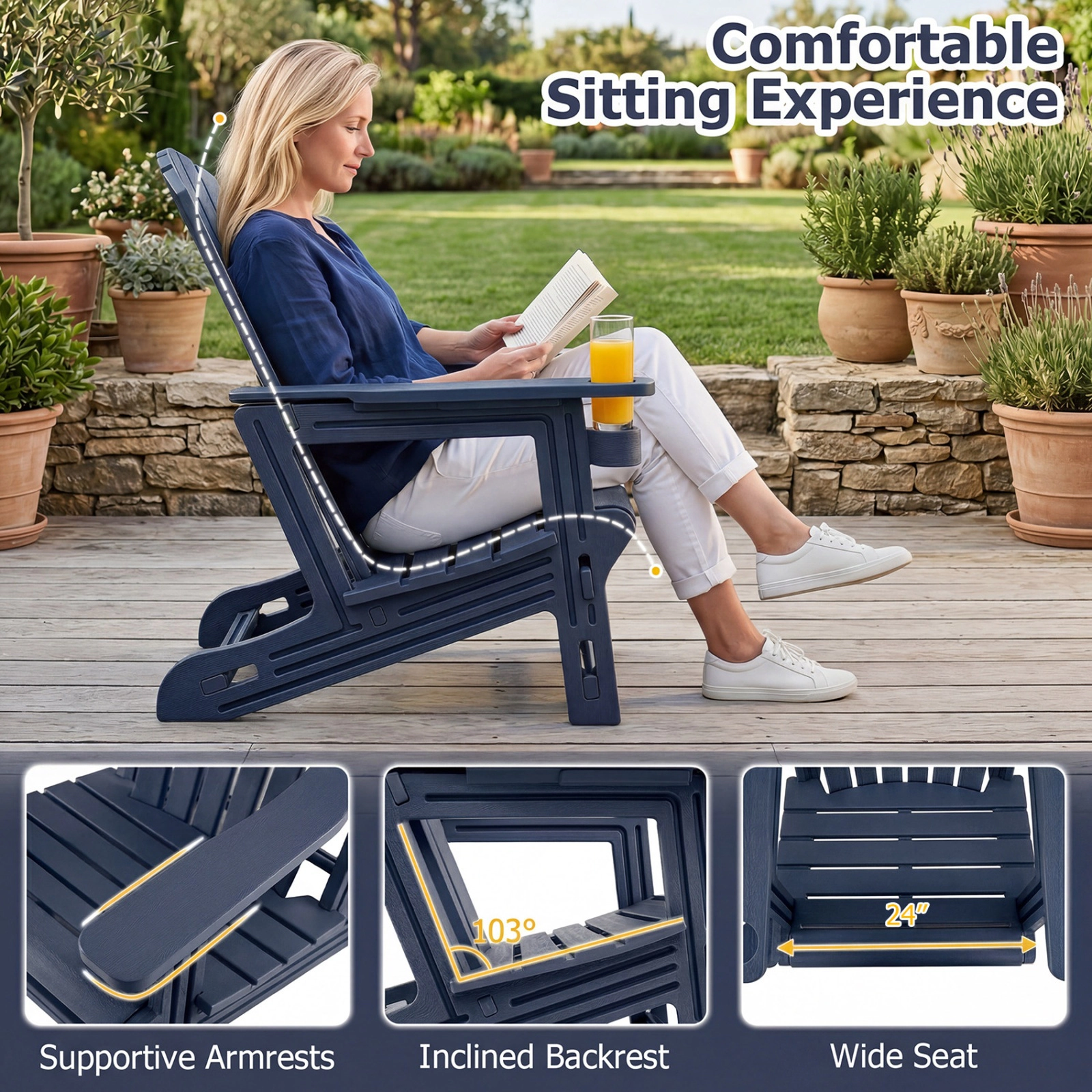 SUGIFT Wood-Like HDPE Adirondack Chair with Cup Holder High Back 330-lb Capacity Blue