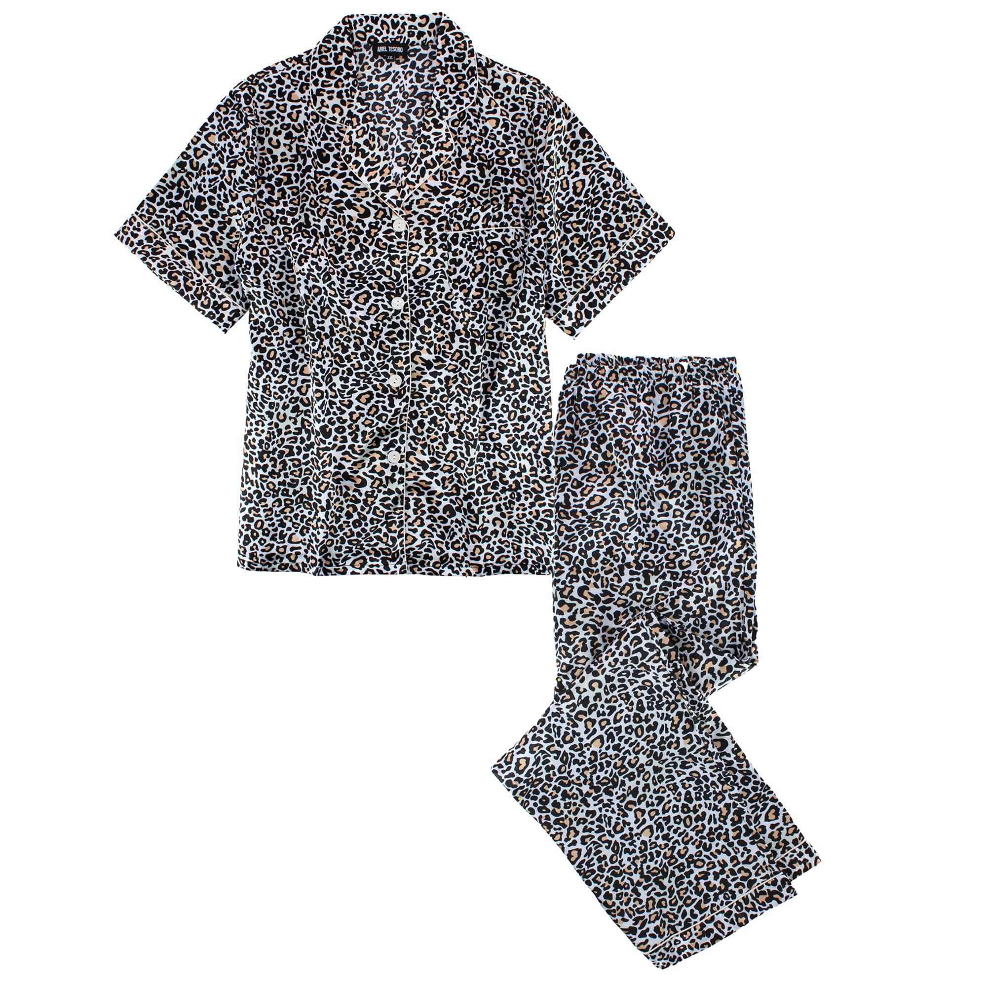 CTM Women's Plus Satin Leopard Print Pajama Set