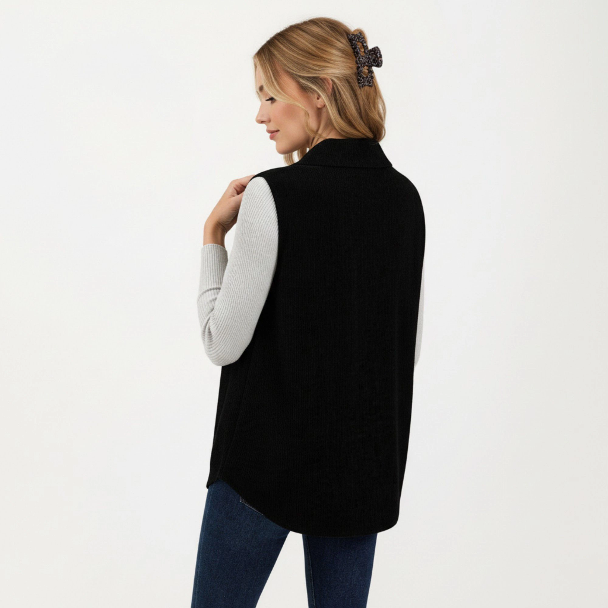 Anna-Kaci Women's Textured Button Front Vest with Collared Neckline, Chest Flap Pockets, and Relaxed Longline Fit