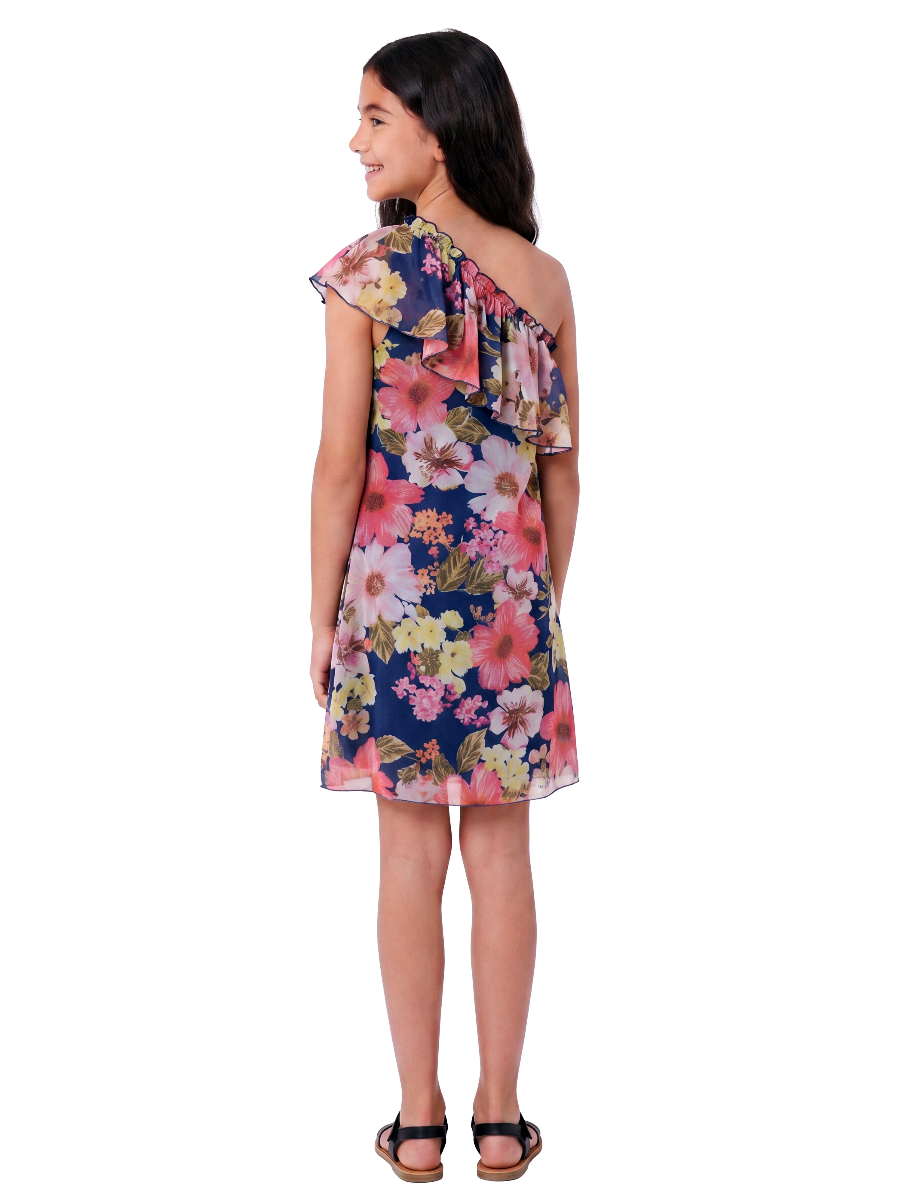 24sevenKid Essential Girls Black Floral One Shoulder Ruffle Knee Length Dress