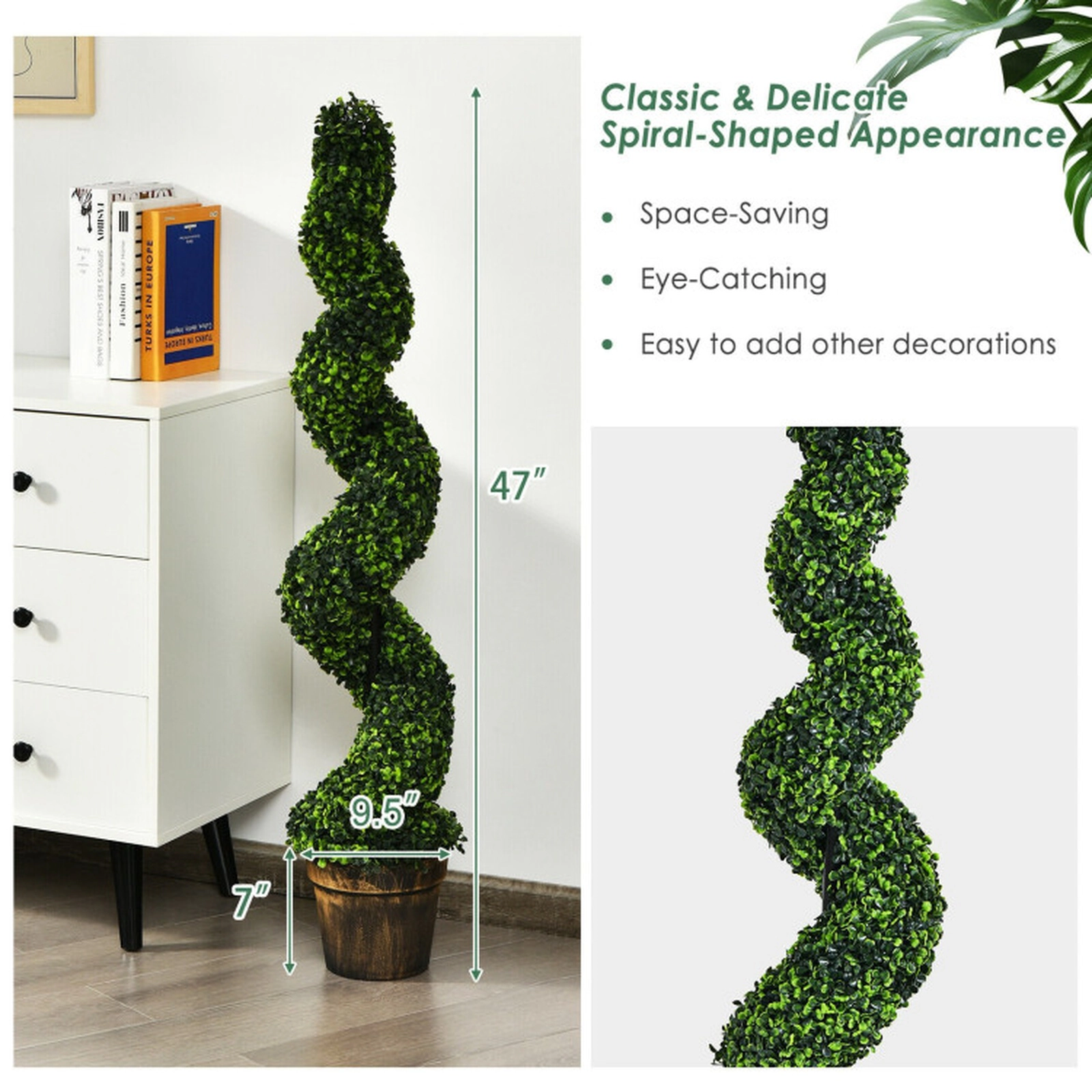 SUGIFT Set of 2 47-in UV Resistant Artificial Spiral Boxwood Topiary Trees with Cement-Filled Golden Pots