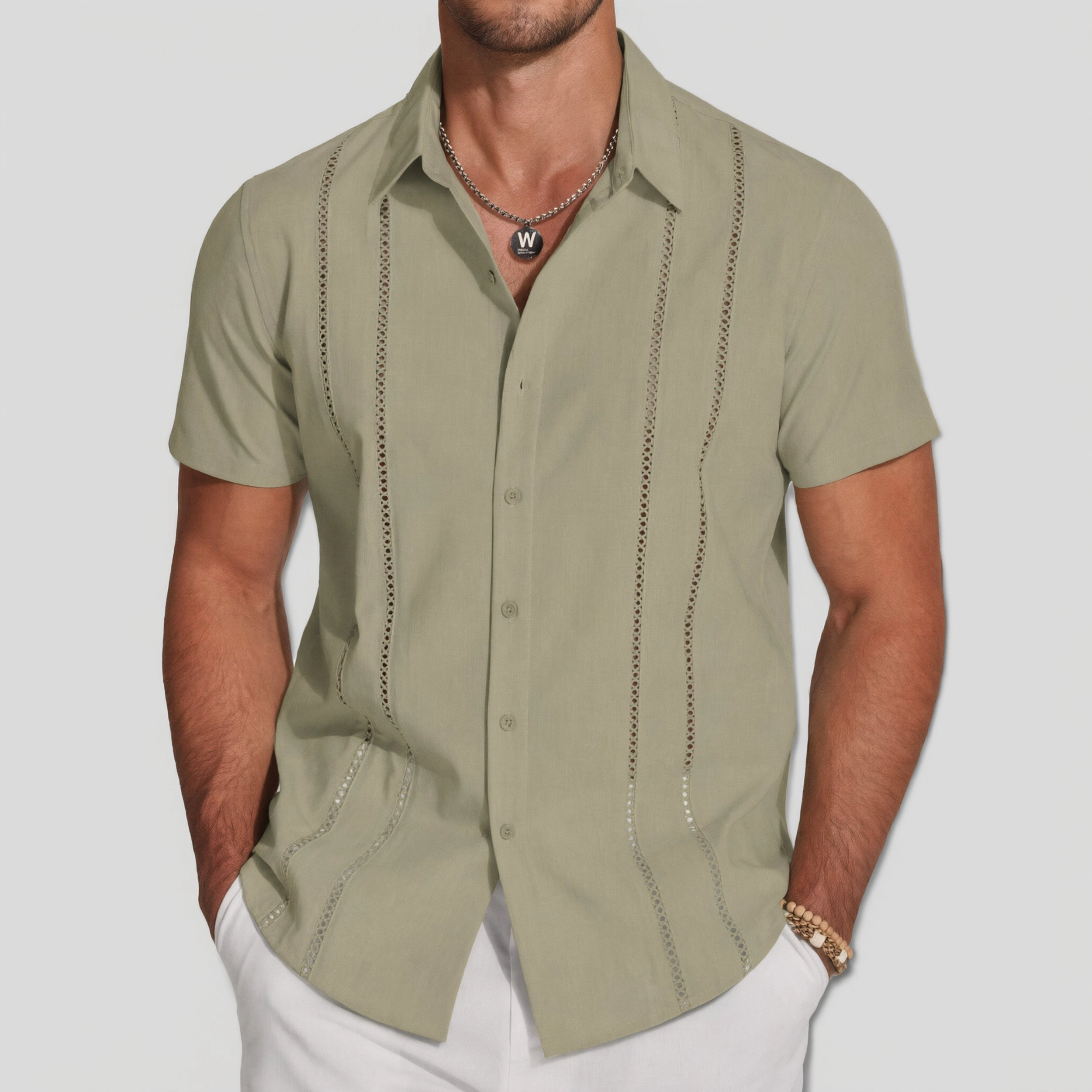 COOFANDY Mens Short Sleeve Button Down Shirts Dressy Lace Stripe Casual  Tops
