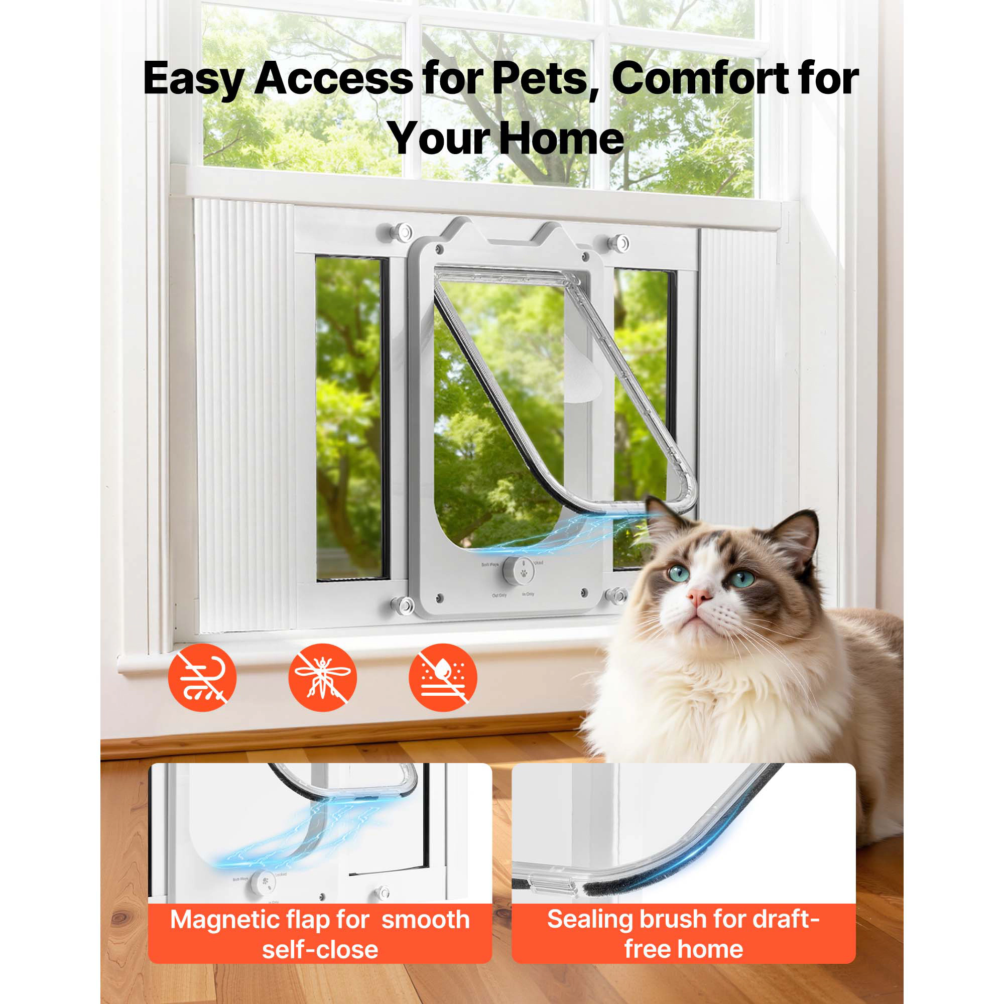 HONGGE Cat Door for Window Adjustable to Fit Window Width - 4 Secure Lock Modes Aluminum Frame and High-Transparency