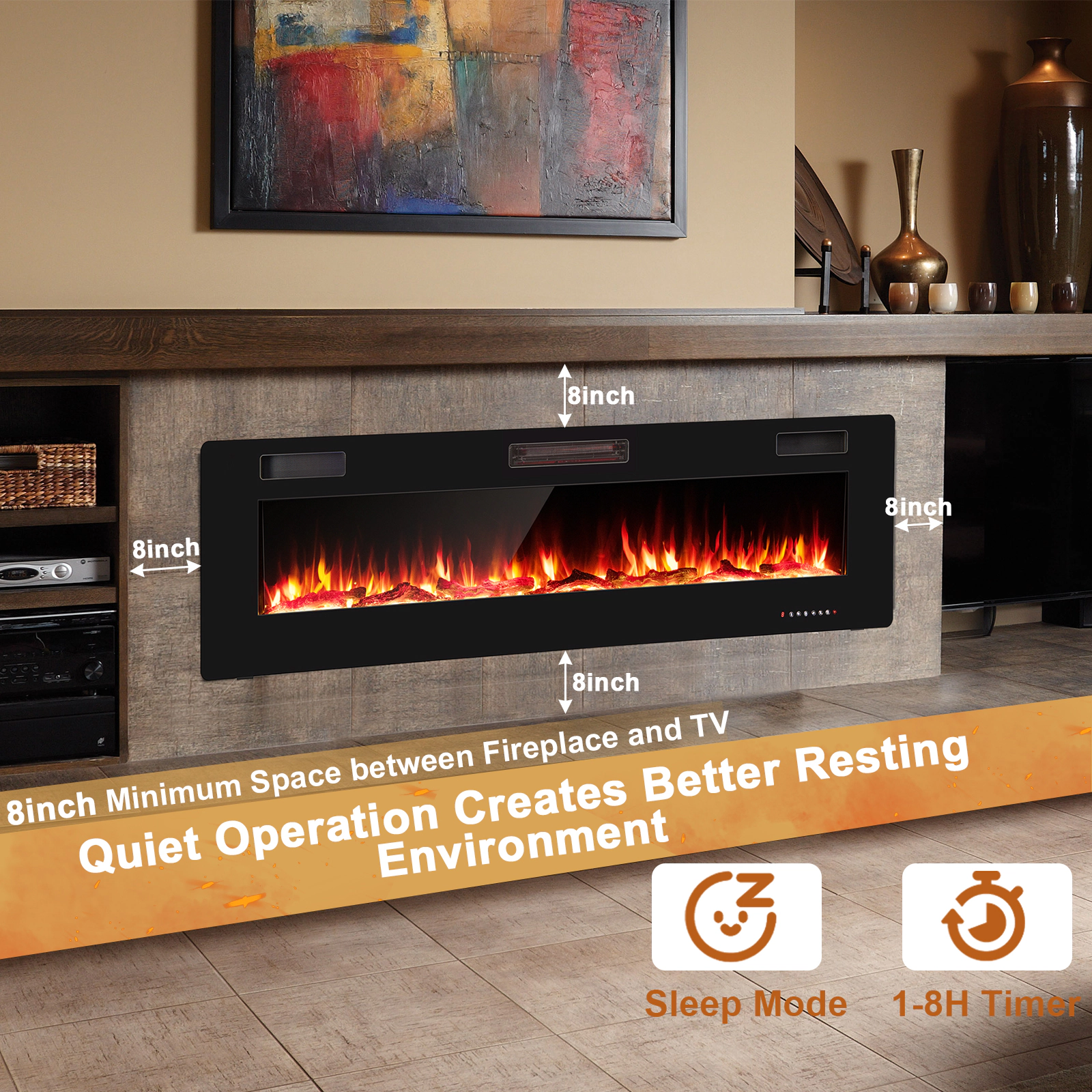 SUGIFT 68-Inch Ultra-Thin Linear Electric Fireplace, 5100 BTU, Recessed or Wall-Mounted
