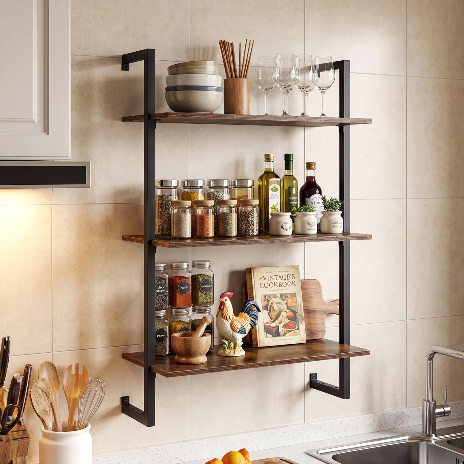 LJG 3-Tier Floating Modern Kitchen Shelf for Living Room Home Office and Bathroom