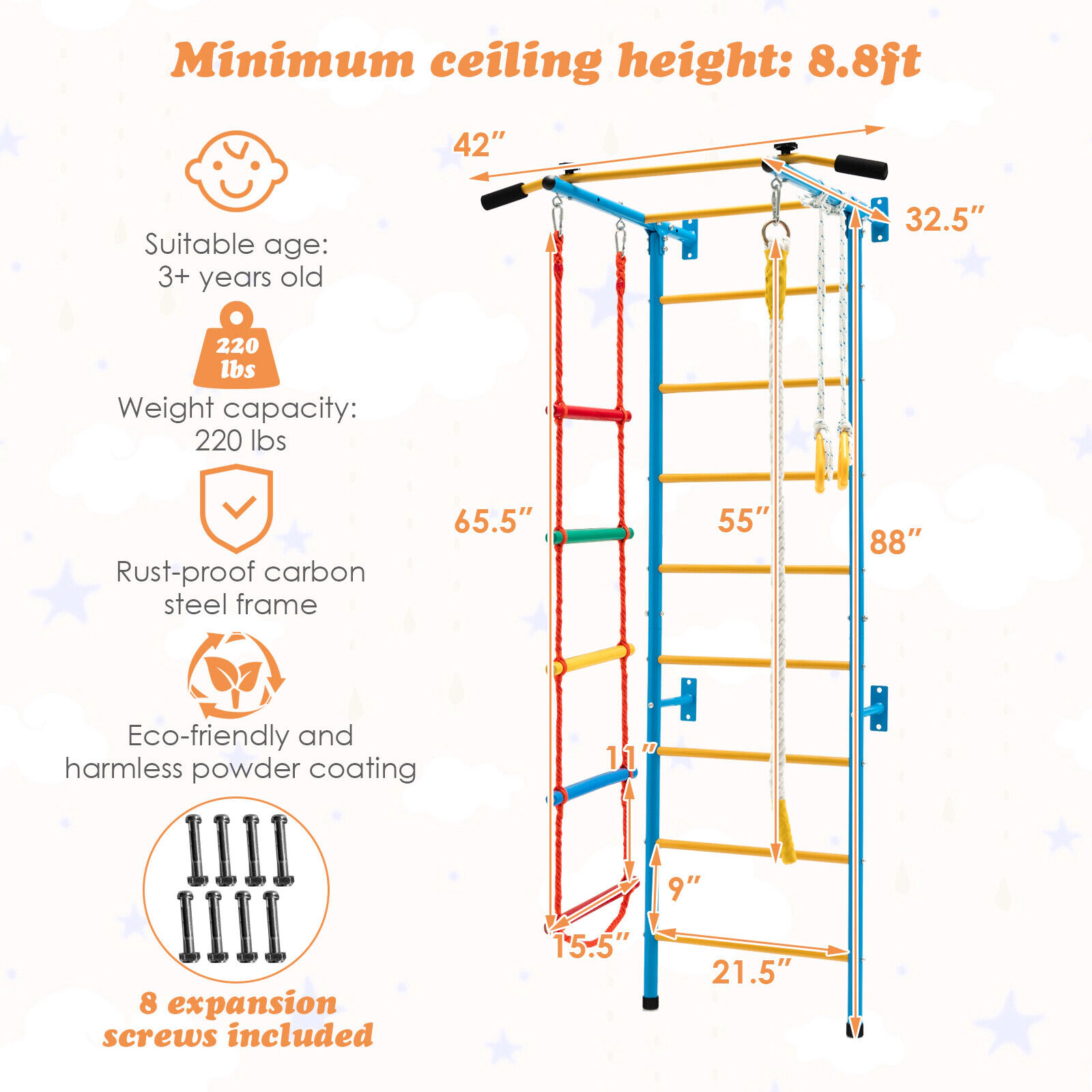 SUGIFT Yellow Pull-Up Bar and Gymnastic Rings 7-in-1 Kids Indoor Gym Swedish Wall Ladder
