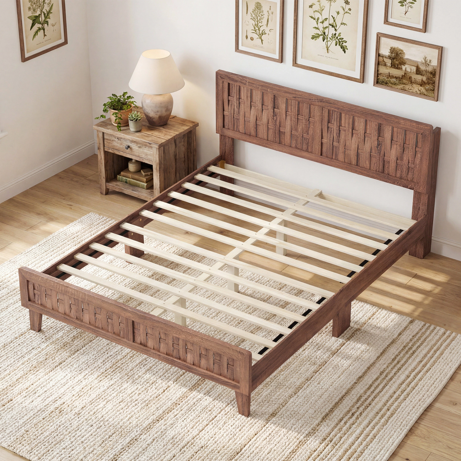 LJG Mid Century Queen Size Bed Frame with Woven Accent Headboard