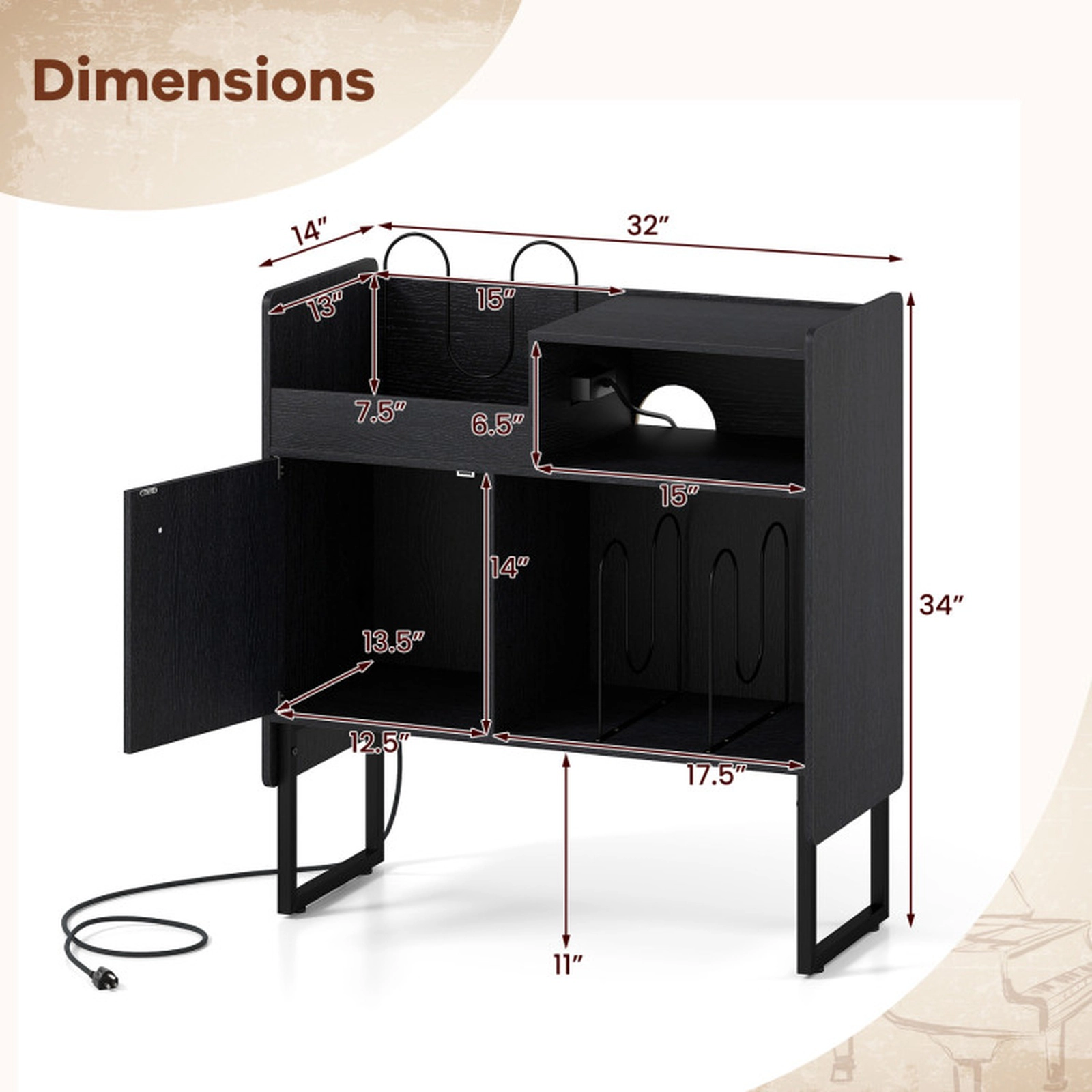 SUGIFT Record Player Stand with Power Outlets & Vinyl Storage Holder up to 250 Albums 400-lb Total Capacity Black/White