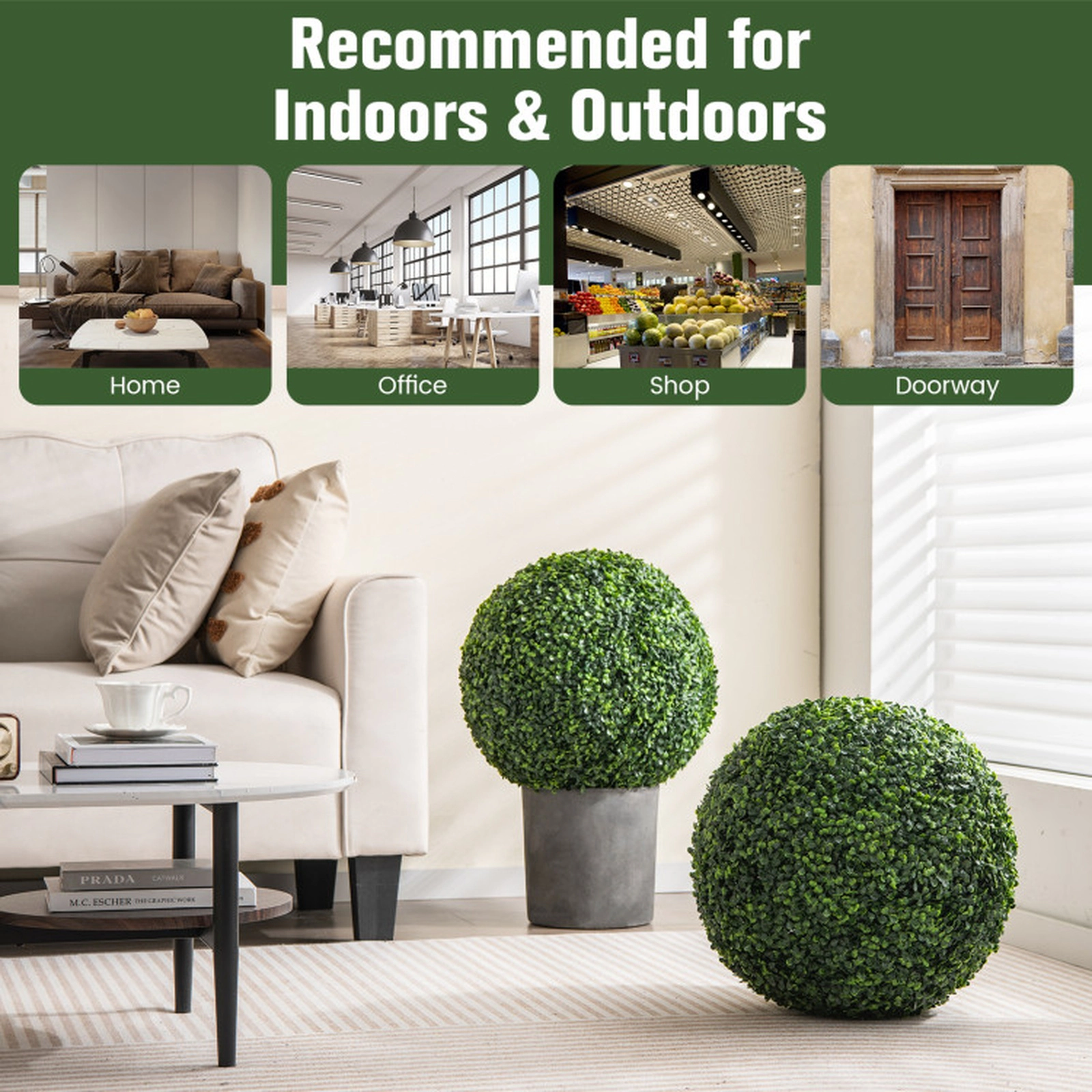 SUGIFT 2-Piece 3-Layer Dense Foliage Artificial Boxwood Topiary Balls 19-in Outer 16-in Inner Diameter 6-lb Green