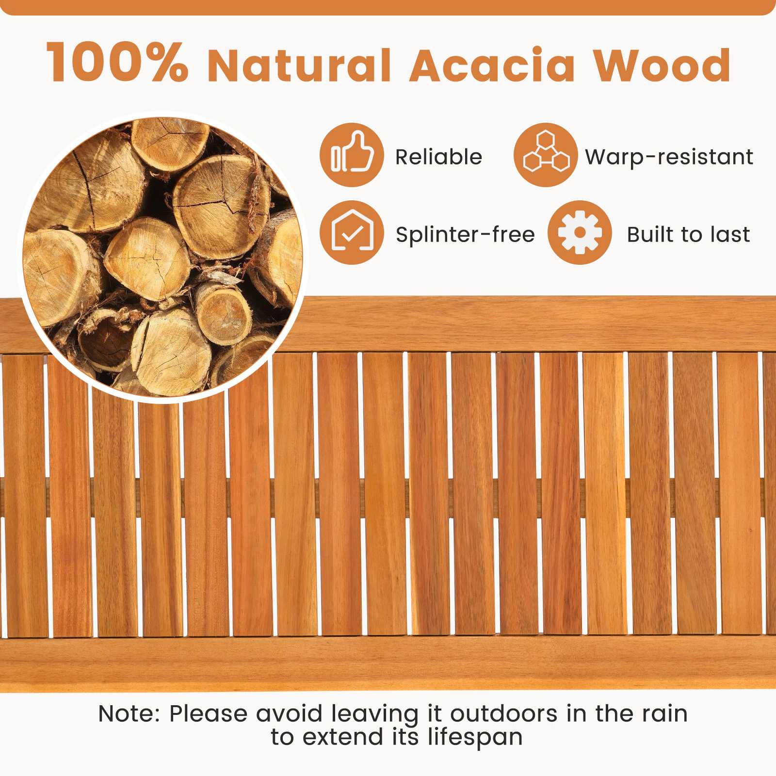 SUGIFT 48-in Acacia Wood Outdoor Bench Slatted Seat 800-lb Capacity 2-Person Garden & Entryway Seating Natural 1-Piece