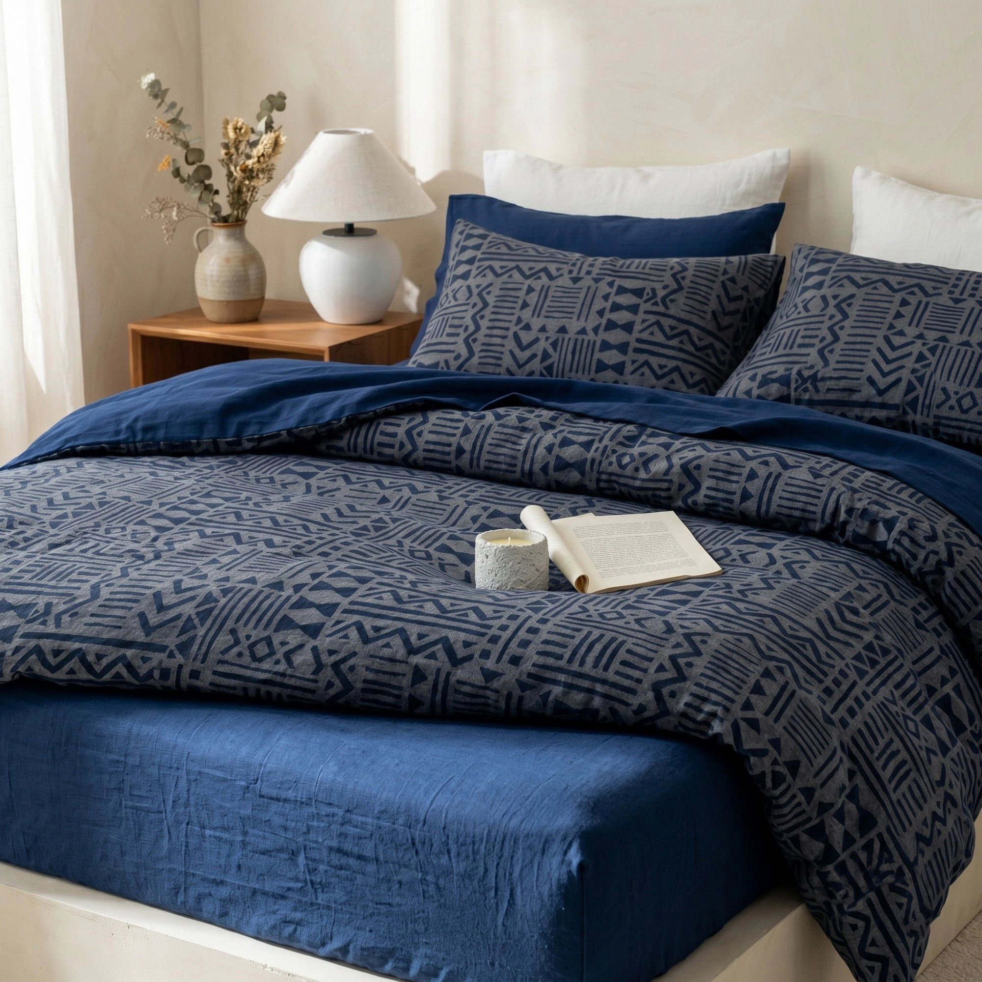 Alilang Unisex 4-Piece Cotton Double Gauze Bedding Set with Duvet Cover Flat Sheet and Pillowcases Textured Woven Patter