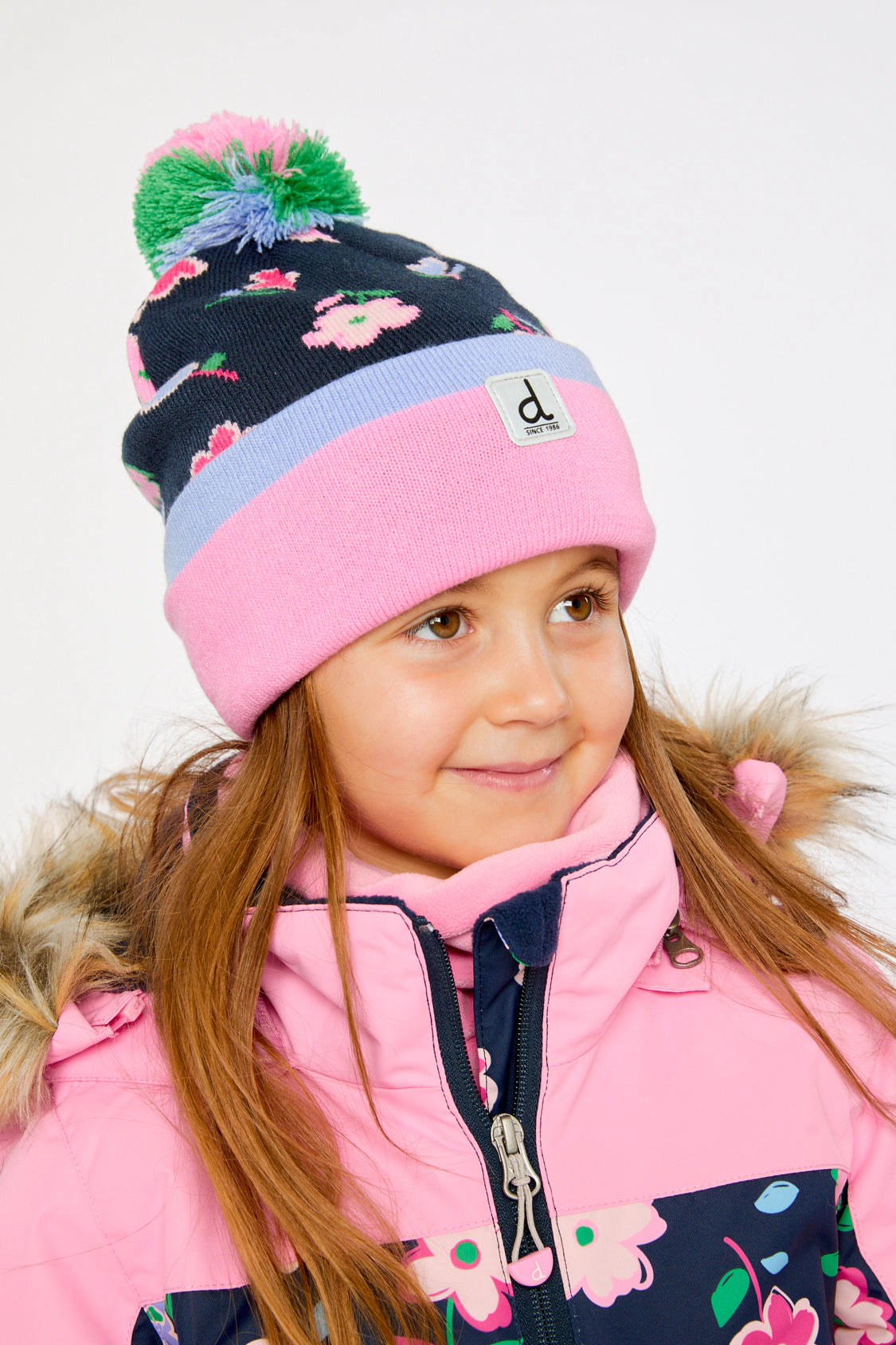 Deux par Deux Girls Floral Print Winter Knit Hat with Pompom