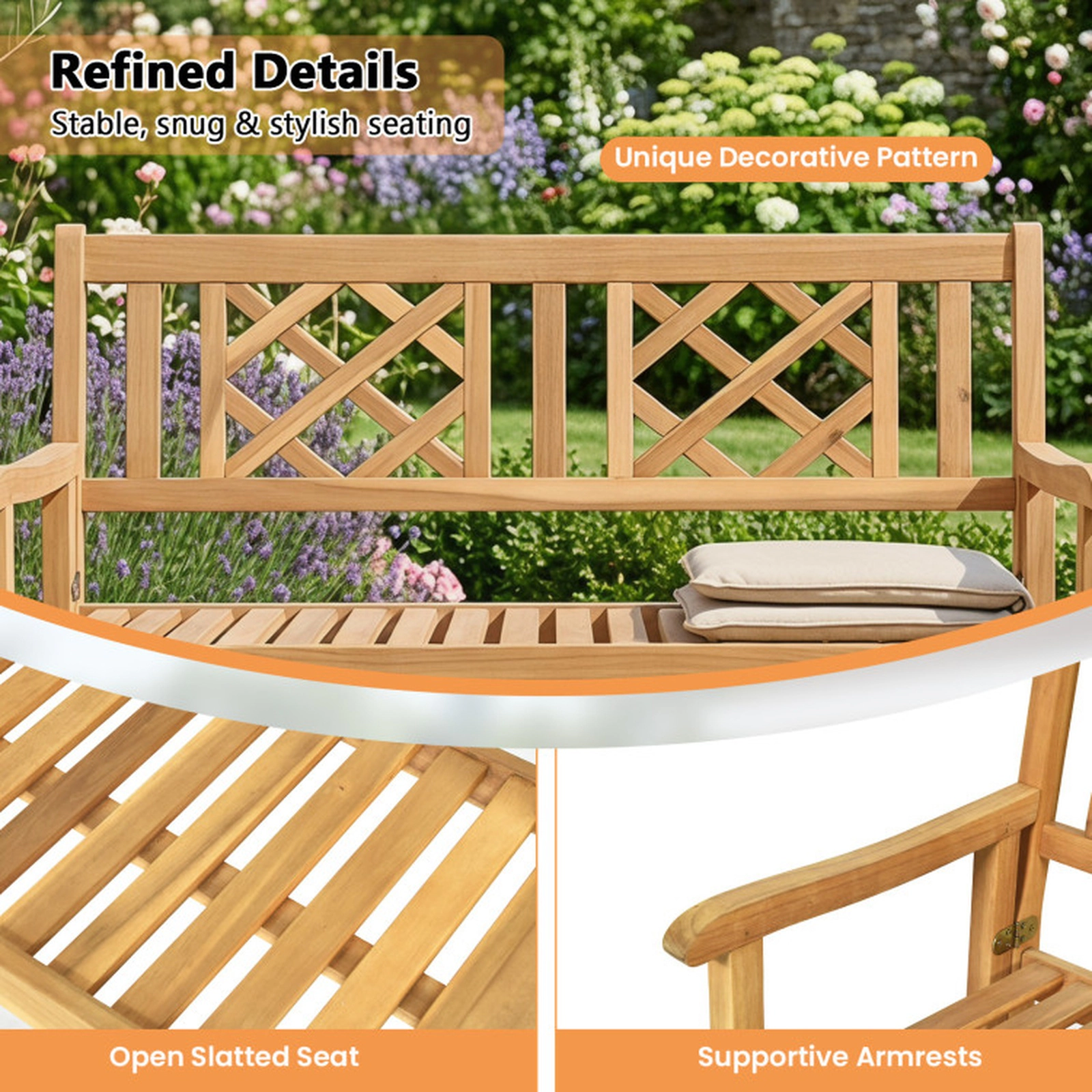 SUGIFT 46-in Foldable Acacia Wood Garden Bench, 700-lb Capacity, Teak Finish