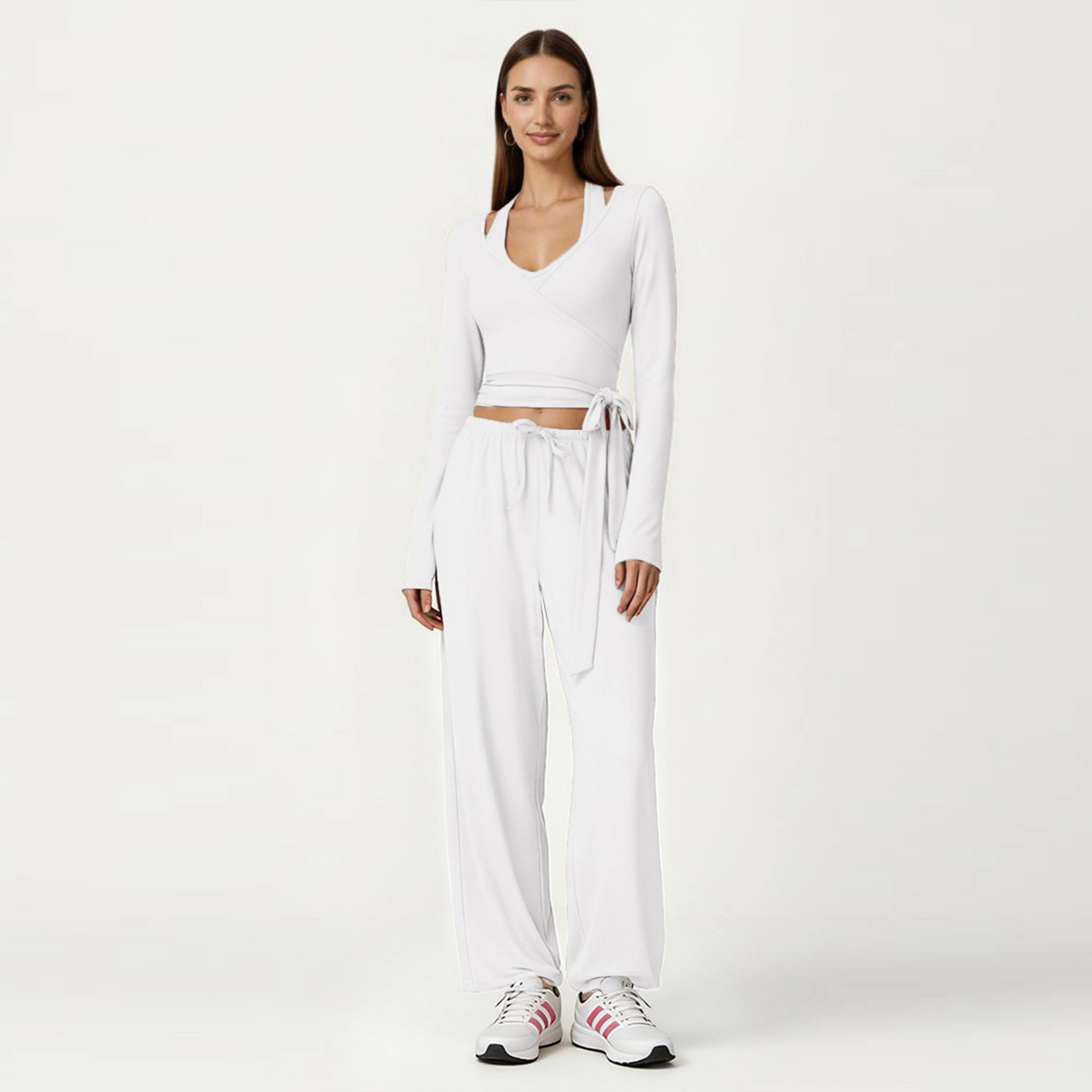 Anna-Kaci Women's Long Sleeve Wrap Front Crop Top with Tie Waist V Neck Fitted Stretch Knit Shirt