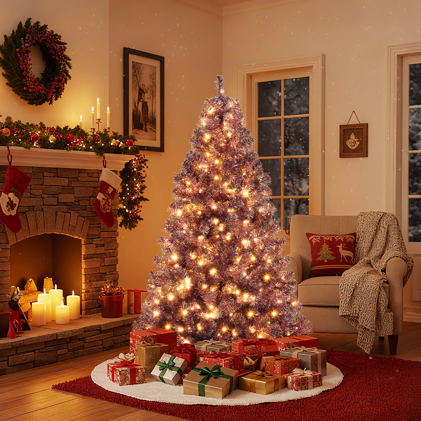 SUGIFT 6-ft Deep Purple Tinsel Pre-Lit Christmas Tree with 250 LED Lights 8 Modes 688 Tips and Folding Base