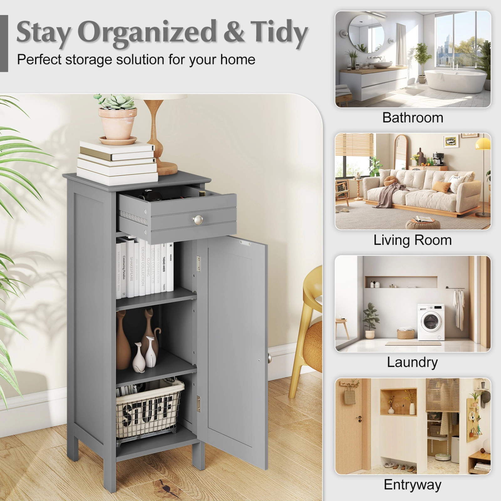 SUGIFT Wooden Storage Free-Standing Floor Cabinet with Drawer and Adjustable Shelves 132-lb Capacity 34.5-in Tall Gray