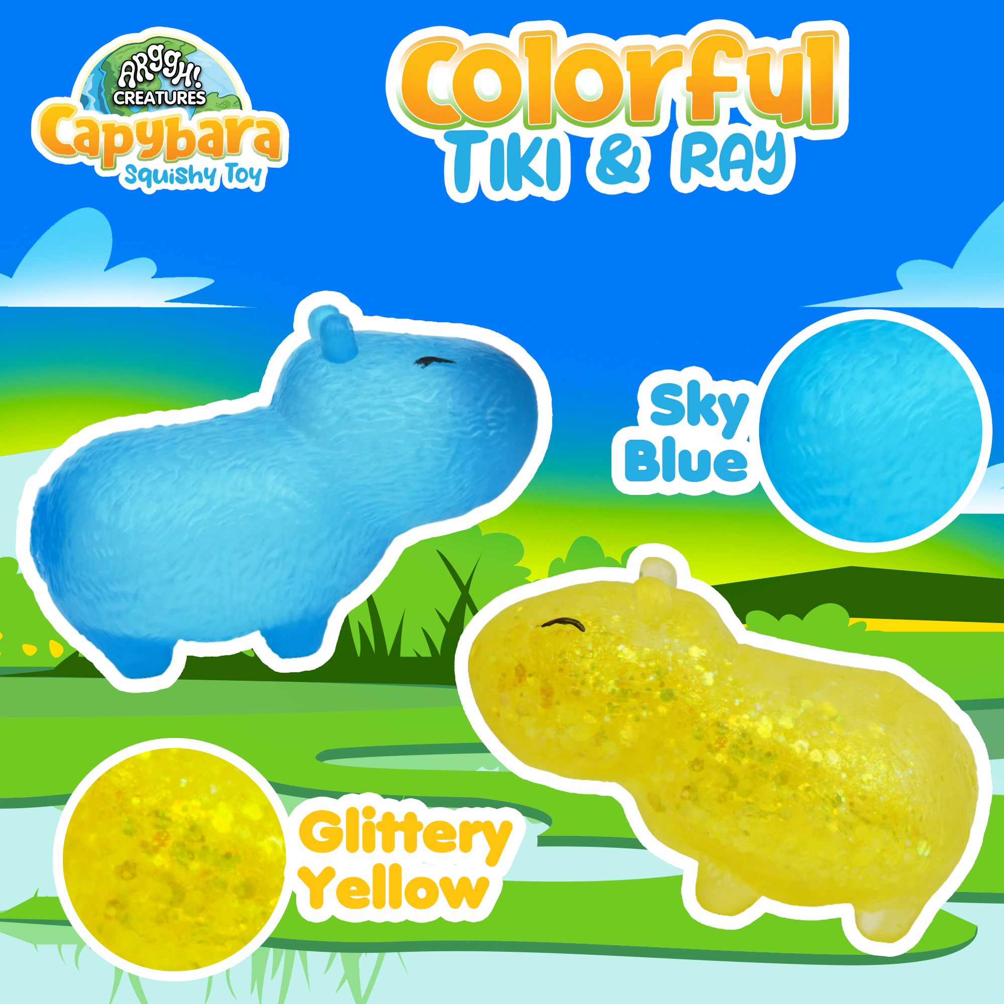 Power Your Fun Capybara Squishy Toy 2-Pack, Stress Relief Fidget STEM Toys (Yellow / Blue)
