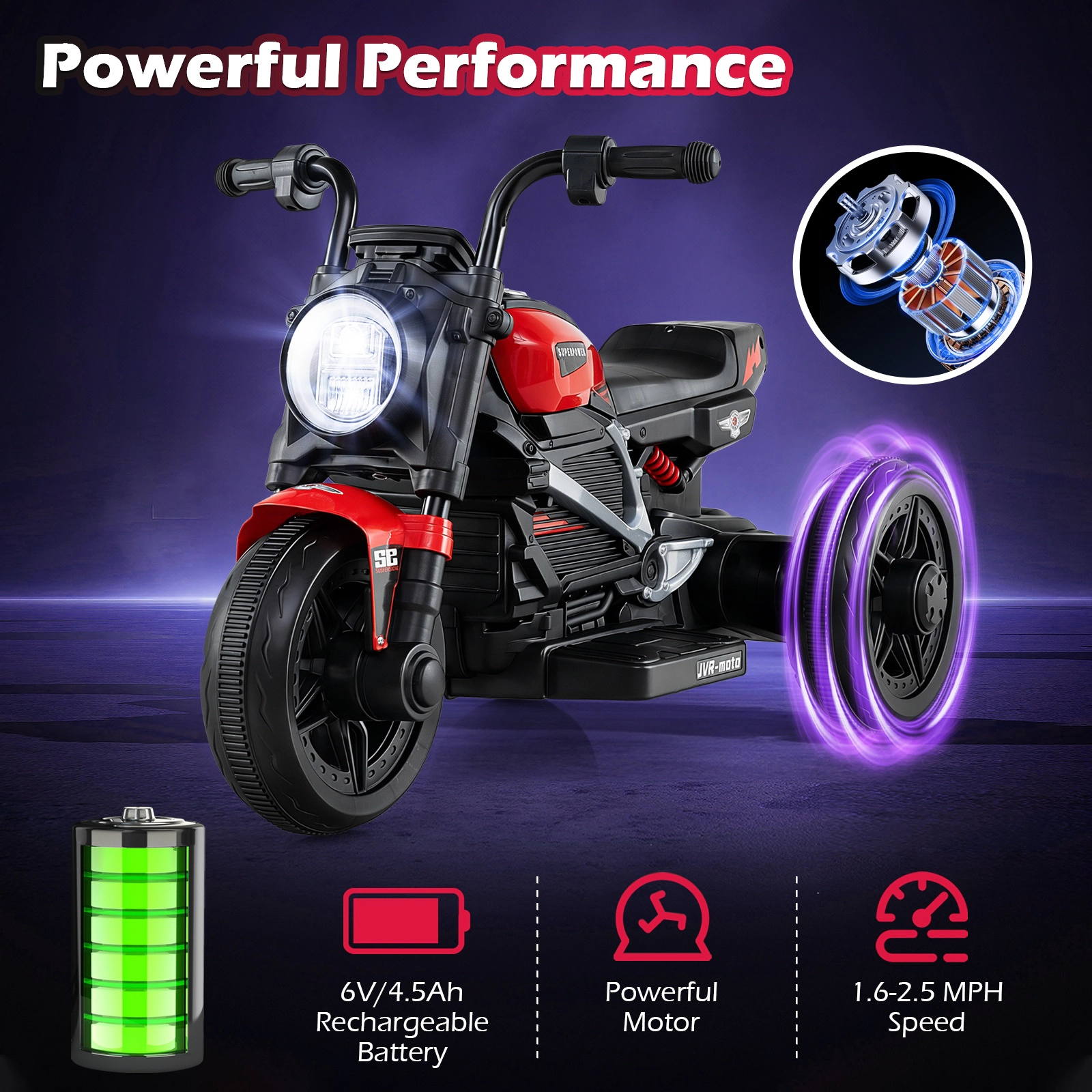 SUGIFT 6V Kids Electric Motorcycle with LED Headlight, Music and 31-in Frame 66-lb Capacity Ages 3-5 Red & Black