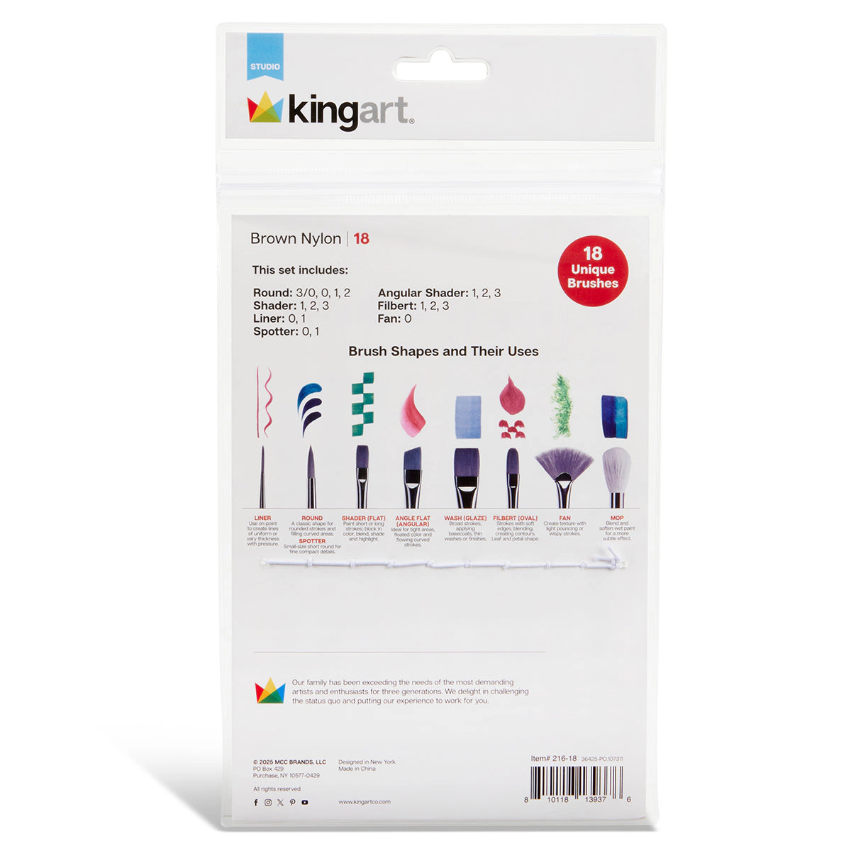 KINGART Studio Brown Nylon Detail Brush Set - 18 pc, Acrylic & Watercolor