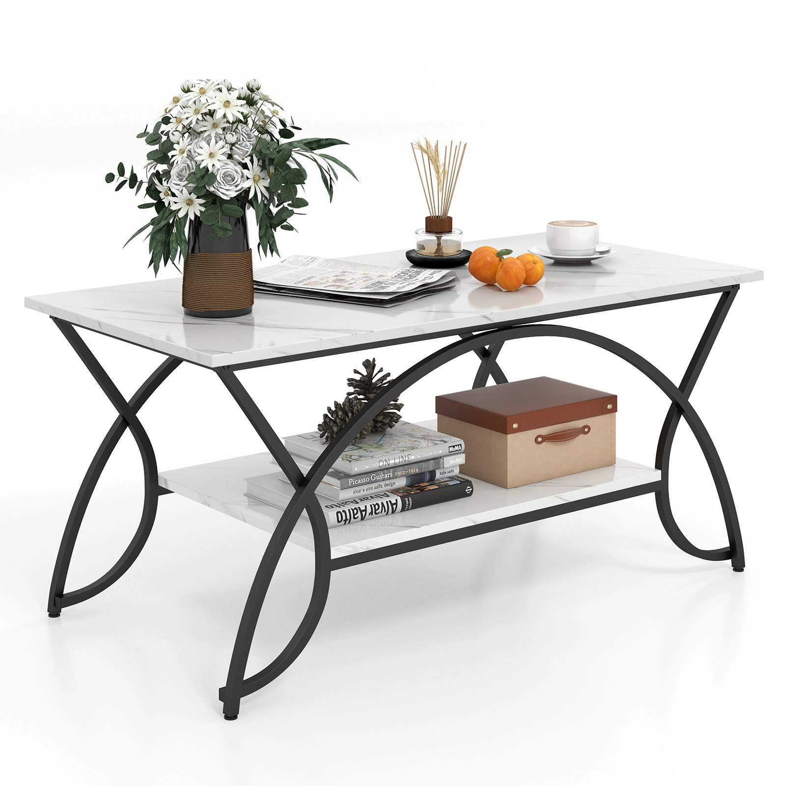 Glintex 2-Tier 39.5-Inch Faux Marble Coffee Table with Arched Metal Frame