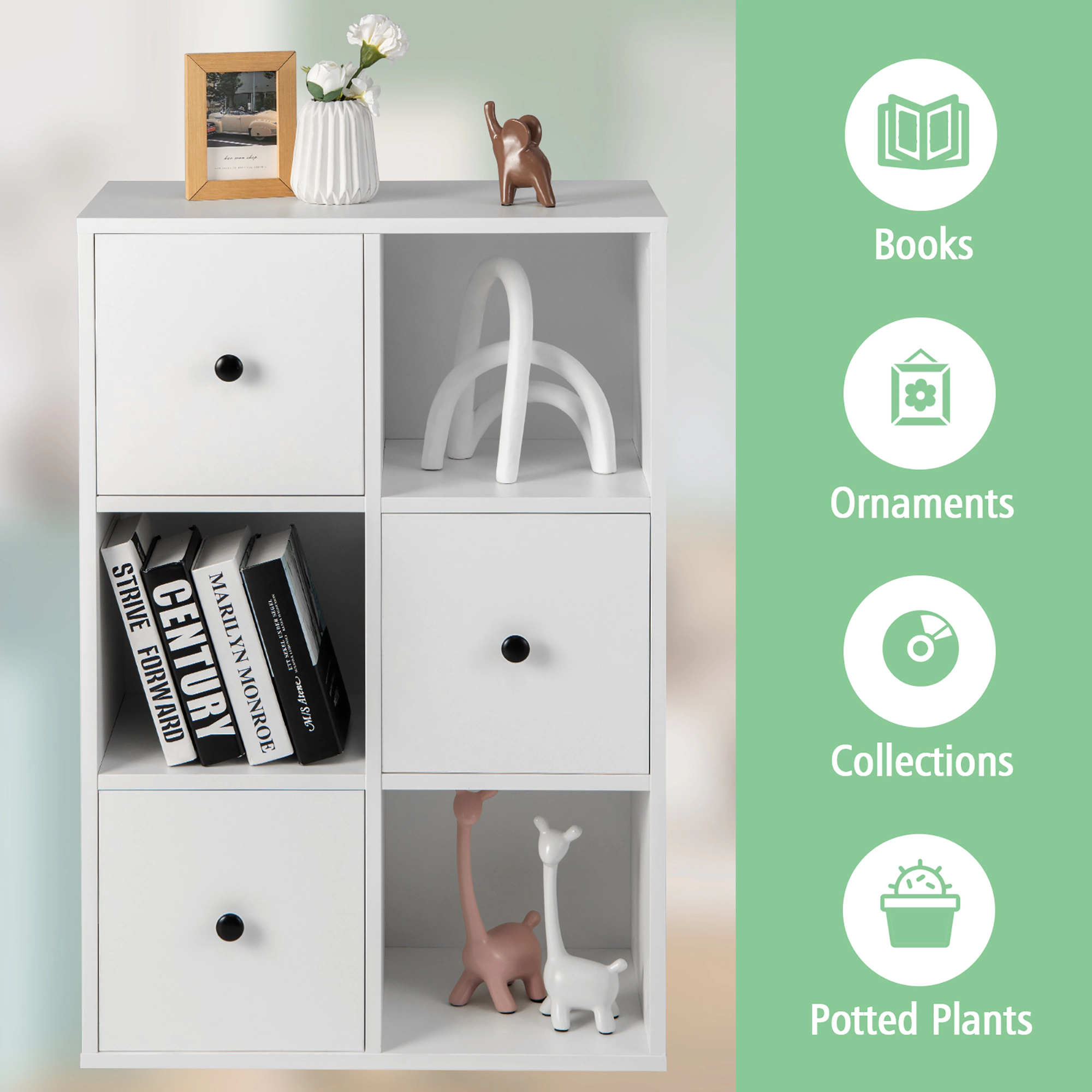Costway 6-Cube Bookcase Storage Organizer with 3 Open Cubes 3 Drawers for Home Office White